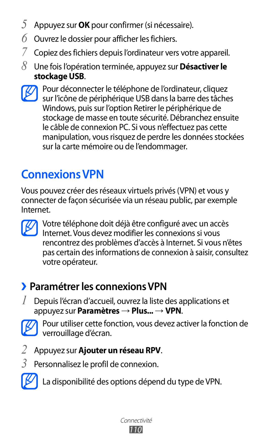 Samsung GT2I9100LKAVVT Connexions VPN, ››Paramétrer les connexions VPN, Stockage USB, Appuyez sur Ajouter un réseau RPV 