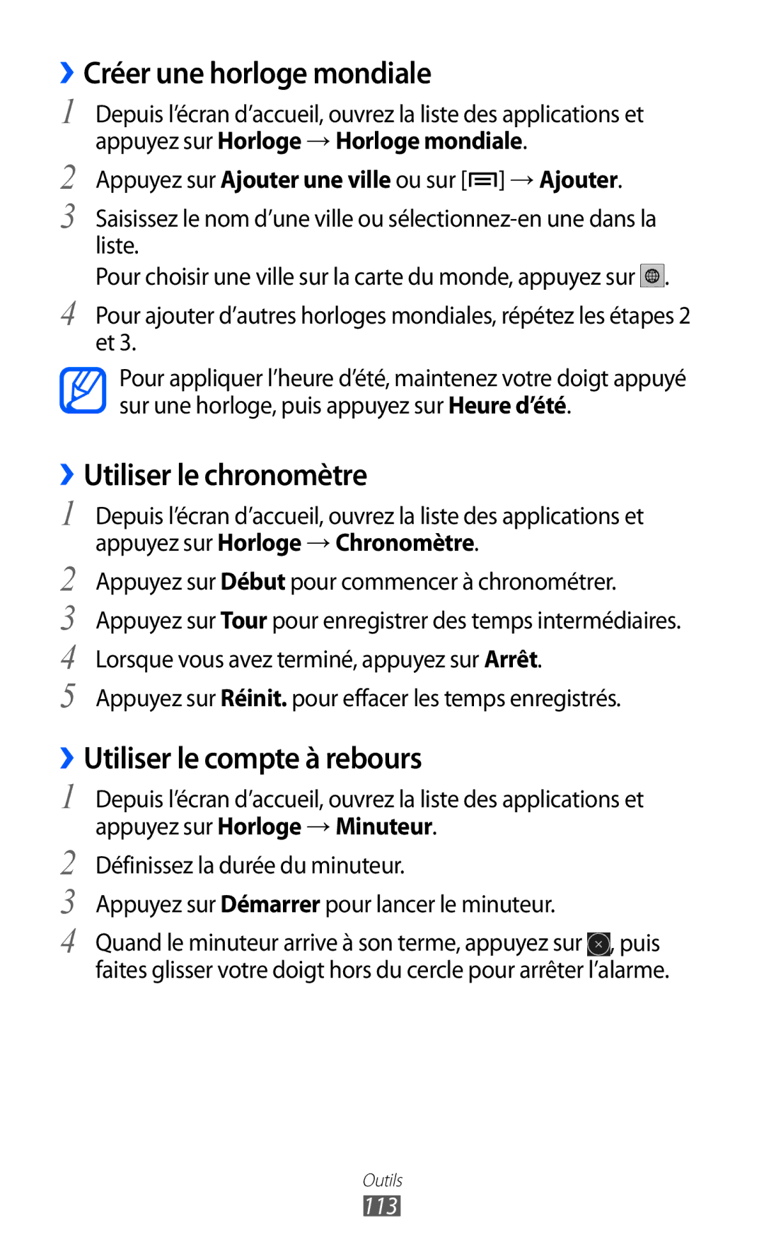 Samsung GT-I9100LKAROM manual ››Créer une horloge mondiale, ››Utiliser le chronomètre, ››Utiliser le compte à rebours, 113 