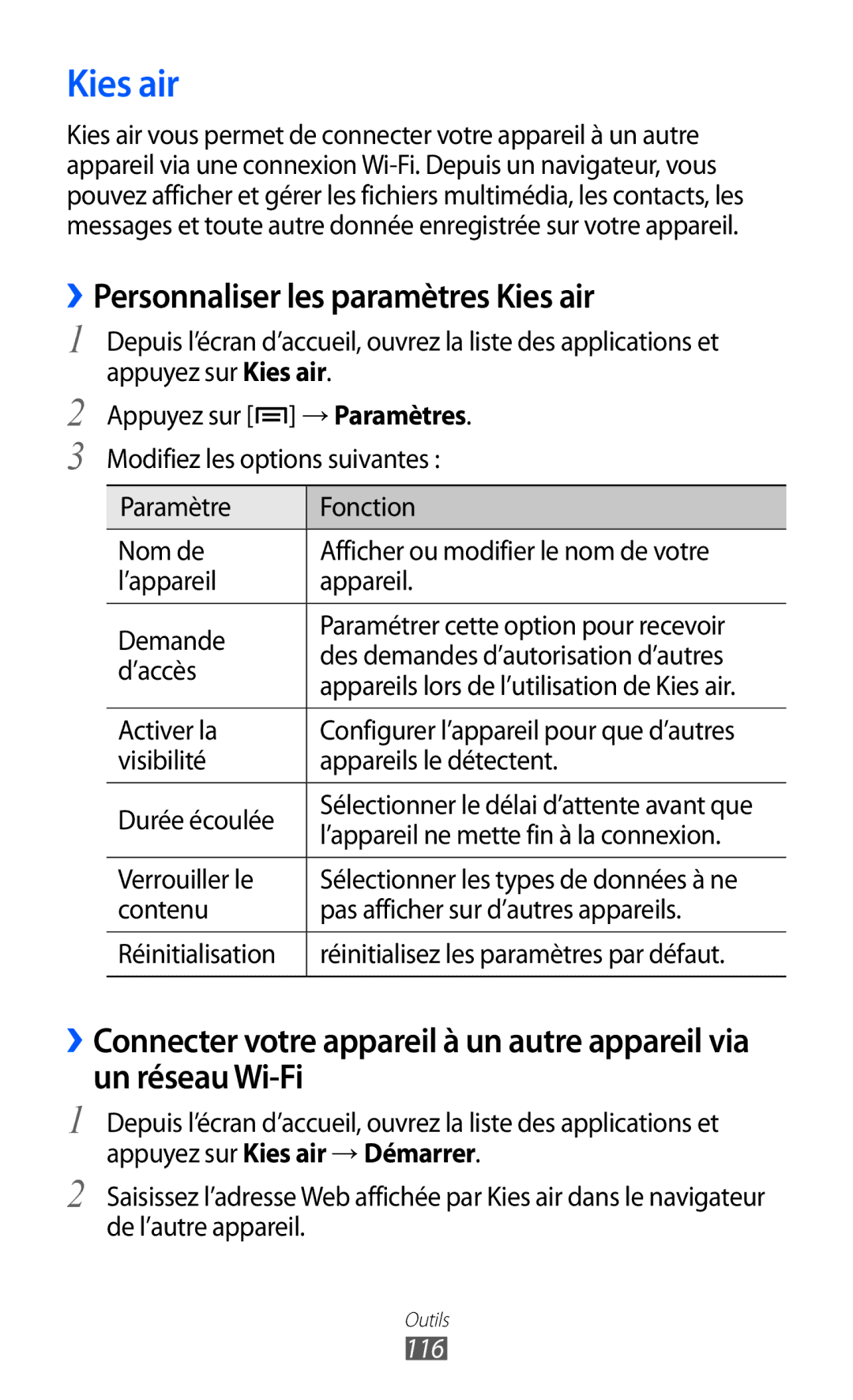 Samsung GT-I9100RWAGBL, GT2I9100OIAMTL, GT-I9100LKAROM, GT-I9100OIAMTL manual ››Personnaliser les paramètres Kies air, 116 