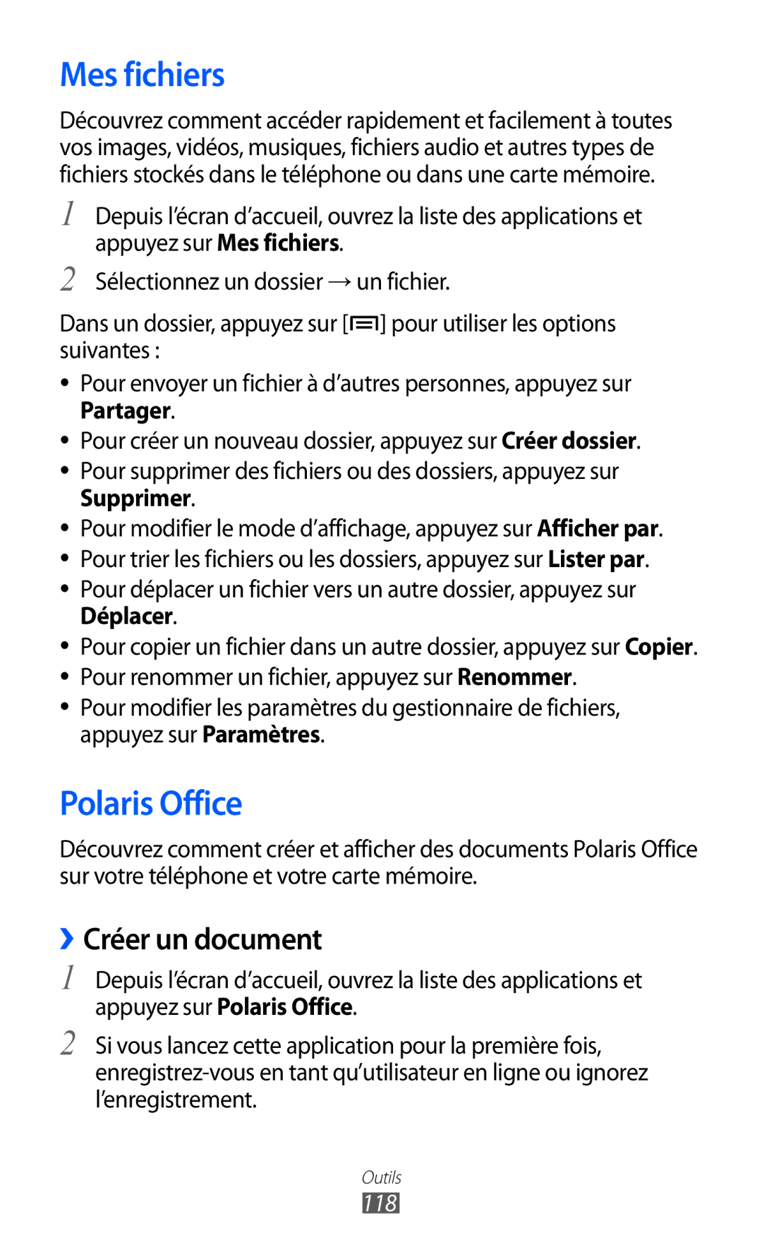 Samsung GT-I9100LKAGBL, GT2I9100OIAMTL, GT-I9100LKAROM manual Mes fichiers, Polaris Office, ››Créer un document, 118 