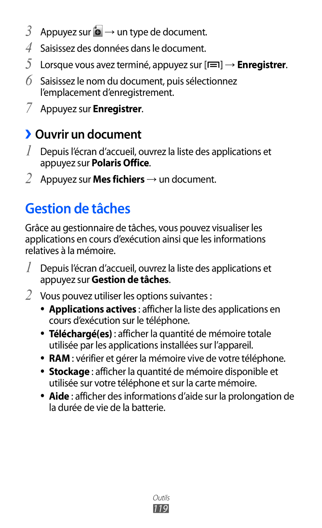 Samsung GT-I9100LKABGL Gestion de tâches, ››Ouvrir un document, Lorsque vous avez terminé, appuyez sur → Enregistrer, 119 