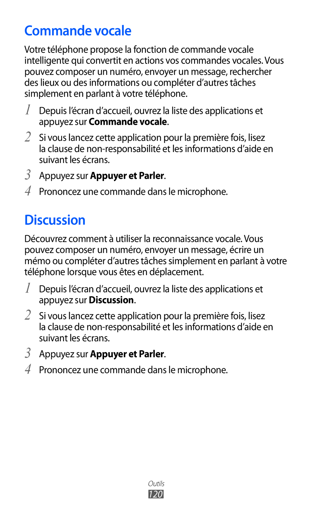 Samsung GT-I9100RWAMTL, GT2I9100OIAMTL, GT-I9100LKAROM manual Commande vocale, Discussion, Appuyez sur Appuyer et Parler, 120 