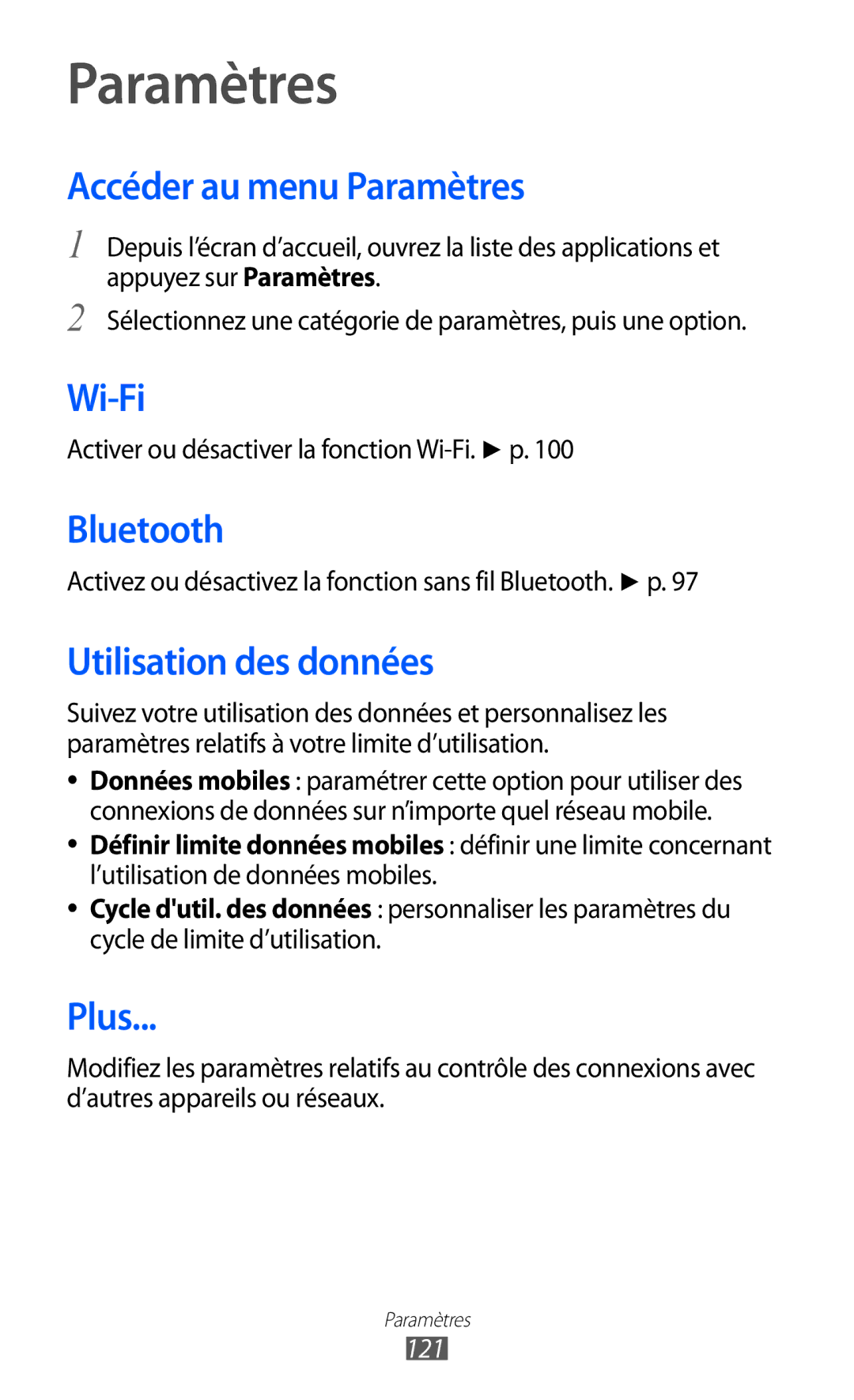 Samsung GT2I9100LKAMTL, GT2I9100OIAMTL, GT-I9100LKAROM manual Accéder au menu Paramètres, Utilisation des données, Plus, 121 