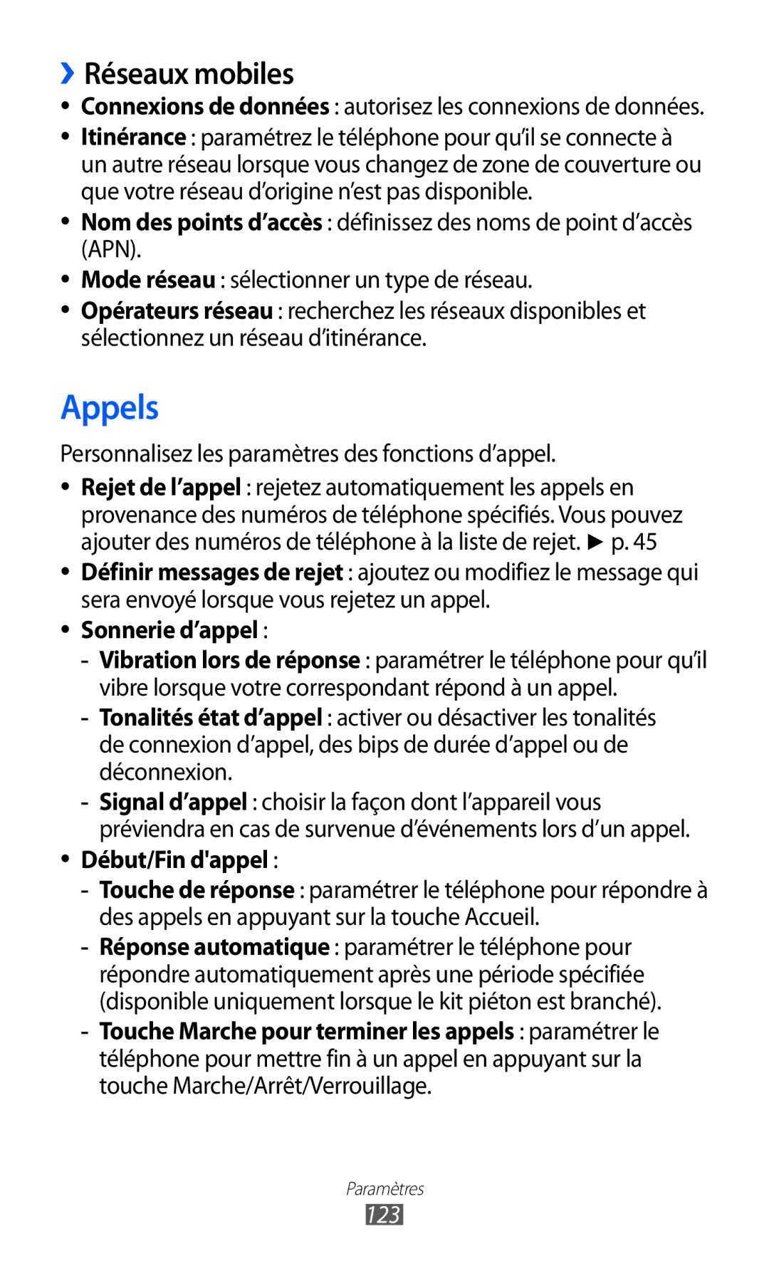 Samsung GT2I9100LKAGBL manual ››Réseaux mobiles, Personnalisez les paramètres des fonctions d’appel, Début/Fin dappel, 123 