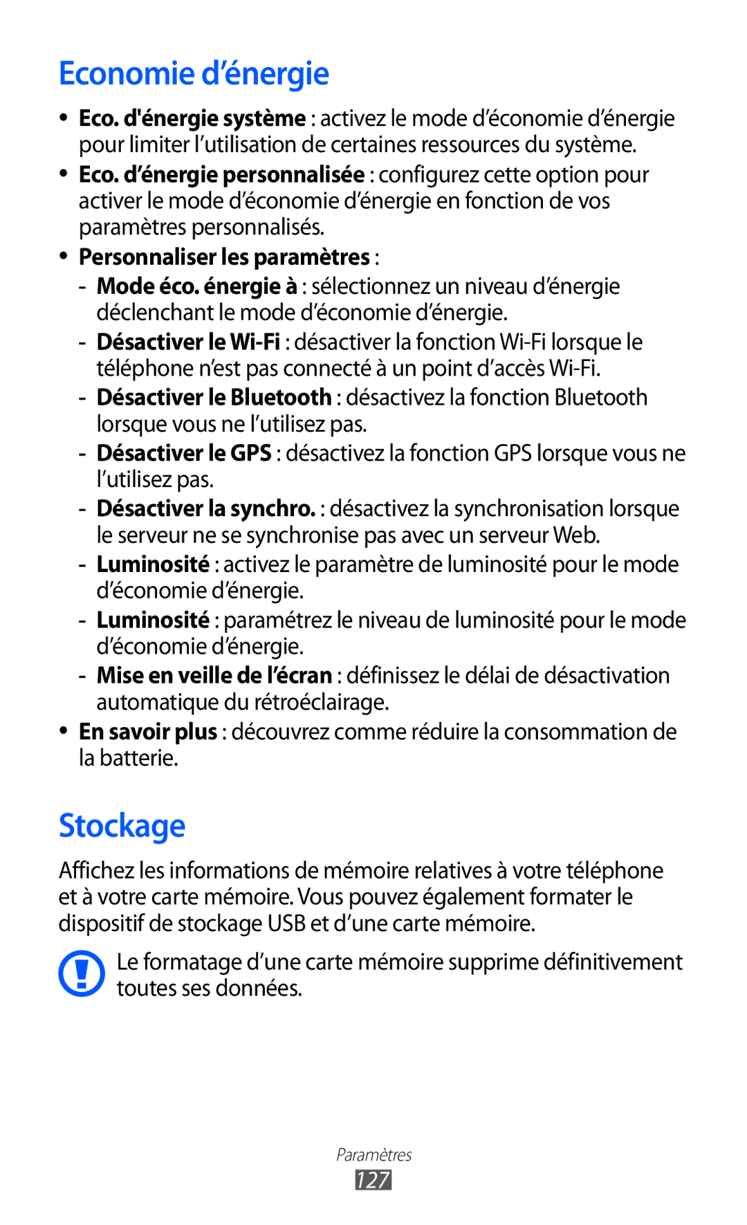 Samsung GT-I9100LKAROM, GT2I9100OIAMTL, GT-I9100OIAMTL, GT2I9100RWAMTL, GT-I9100RWAGBL manual Economie d’énergie, Stockage, 127 