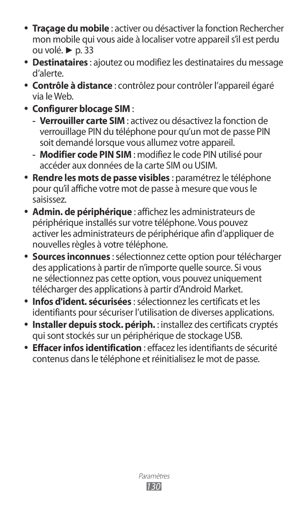 Samsung GT-I9100RWAGBL, GT2I9100OIAMTL, GT-I9100LKAROM, GT-I9100OIAMTL, GT2I9100RWAMTL manual Configurer blocage SIM, 130 