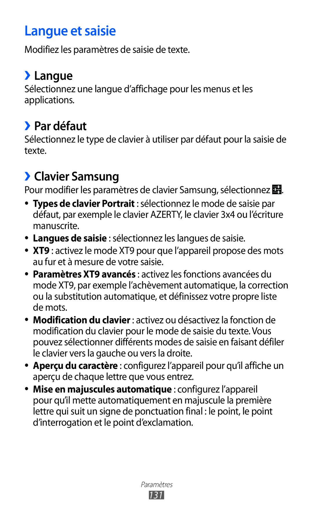 Samsung GT-I9100LKAVVT, GT2I9100OIAMTL, GT-I9100LKAROM Langue et saisie, ››Langue, ››Par défaut, ››Clavier Samsung, 131 