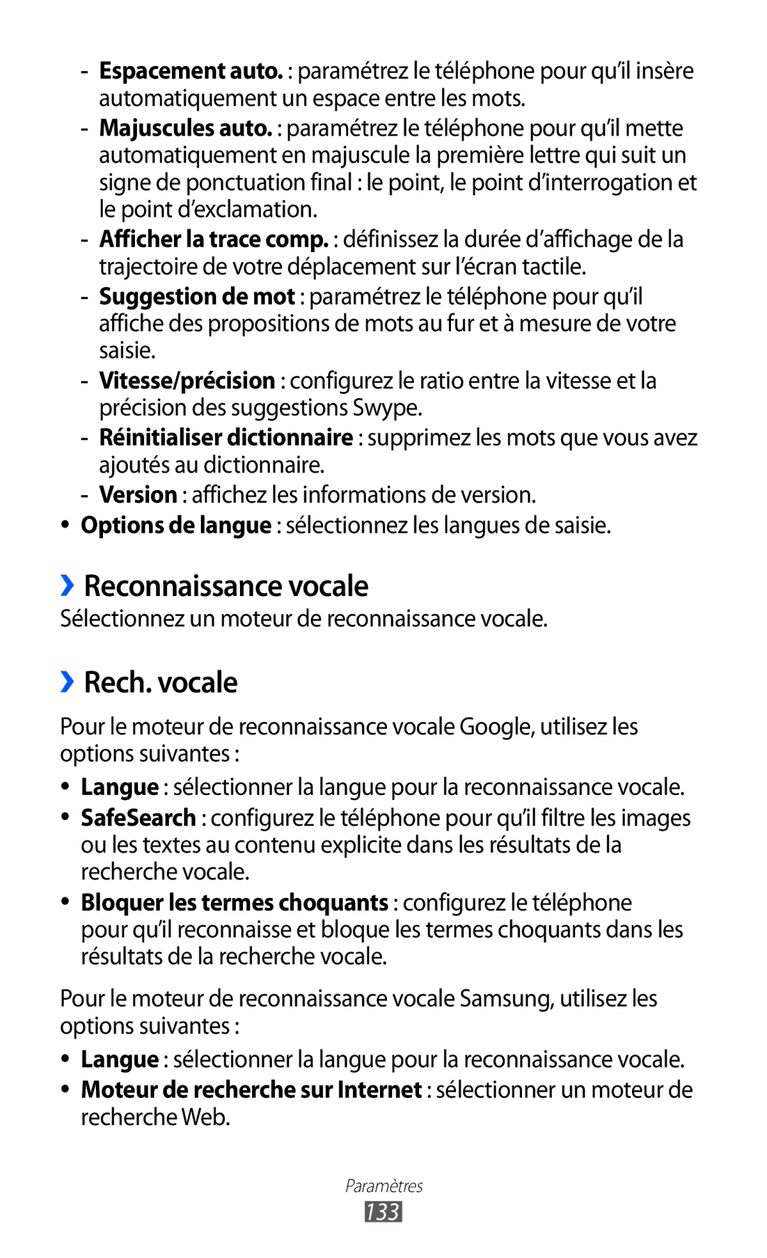 Samsung GT-I9100LKABGL manual ››Reconnaissance vocale, ››Rech. vocale, Sélectionnez un moteur de reconnaissance vocale, 133 