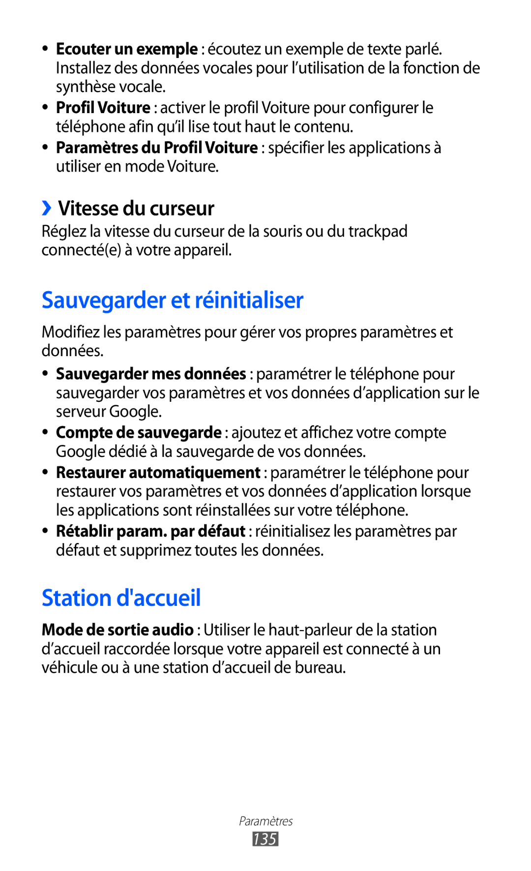 Samsung GT2I9100LKAMTL, GT2I9100OIAMTL manual Sauvegarder et réinitialiser, Station daccueil, ››Vitesse du curseur, 135 