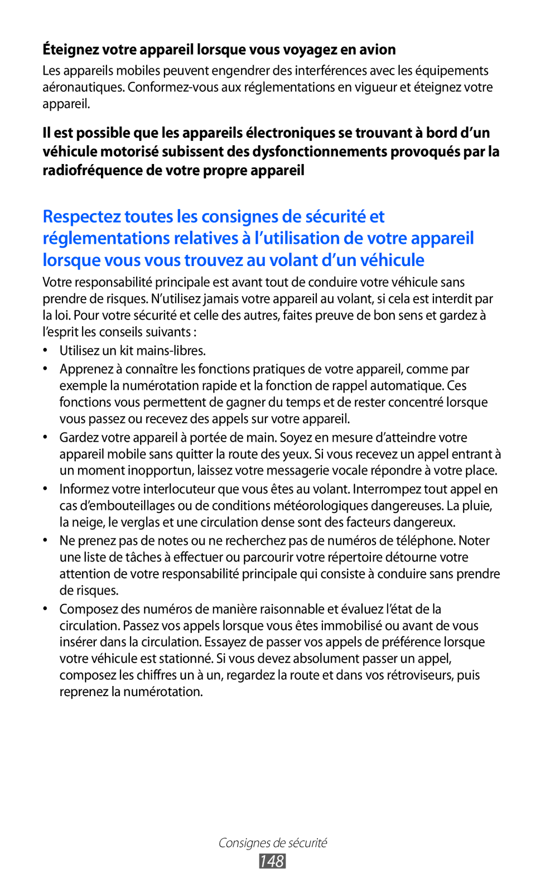 Samsung GT-I9100RWAMTL, GT2I9100OIAMTL, GT-I9100LKAROM manual 148, Éteignez votre appareil lorsque vous voyagez en avion 