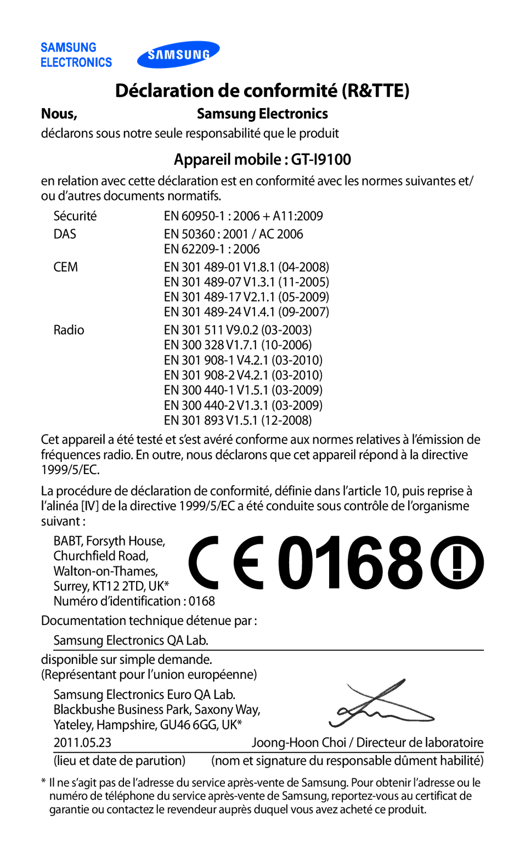 Samsung GT-I9100LKABGL, GT2I9100OIAMTL, GT-I9100LKAROM manual Déclaration de conformité R&TTE, Appareil mobile GT-I9100 