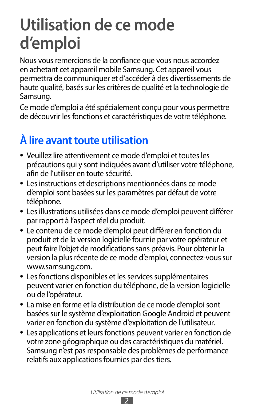 Samsung GT-I9100OIAMTL, GT2I9100OIAMTL, GT-I9100LKAROM manual Utilisation de ce mode d’emploi, Lire avant toute utilisation 