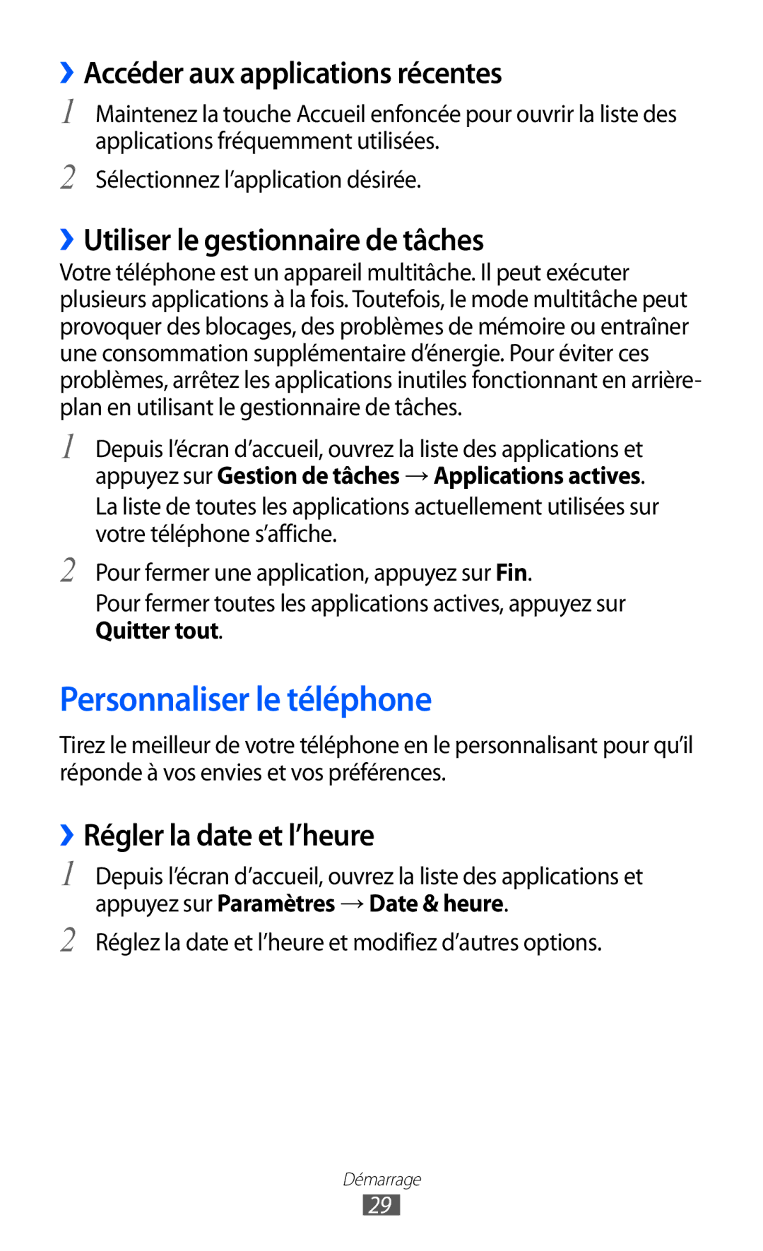 Samsung GT-I9100LKAROM manual Personnaliser le téléphone, ››Accéder aux applications récentes, ››Régler la date et l’heure 