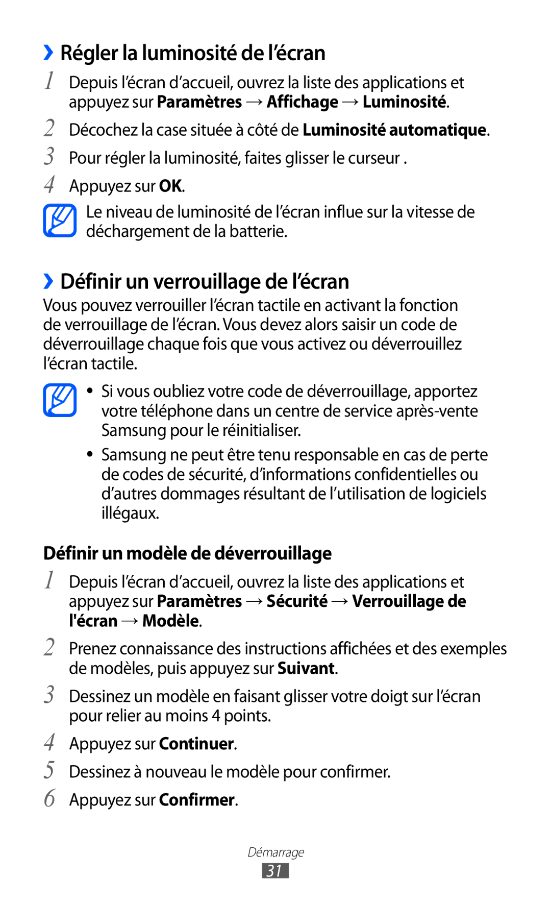 Samsung GT2I9100RWAMTL, GT2I9100OIAMTL manual ››Régler la luminosité de l’écran, ››Définir un verrouillage de l’écran 