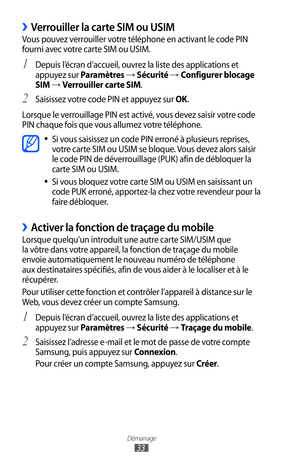 Samsung GT-I9100LKAVVT, GT2I9100OIAMTL manual ››Verrouiller la carte SIM ou Usim, ››Activer la fonction de traçage du mobile 