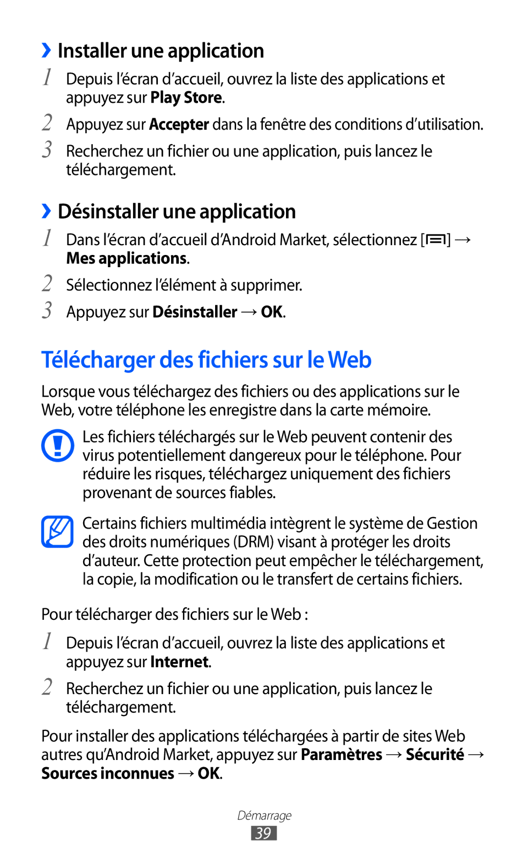 Samsung GT2I9100LKAGBL Télécharger des fichiers sur le Web, ››Installer une application, ››Désinstaller une application 