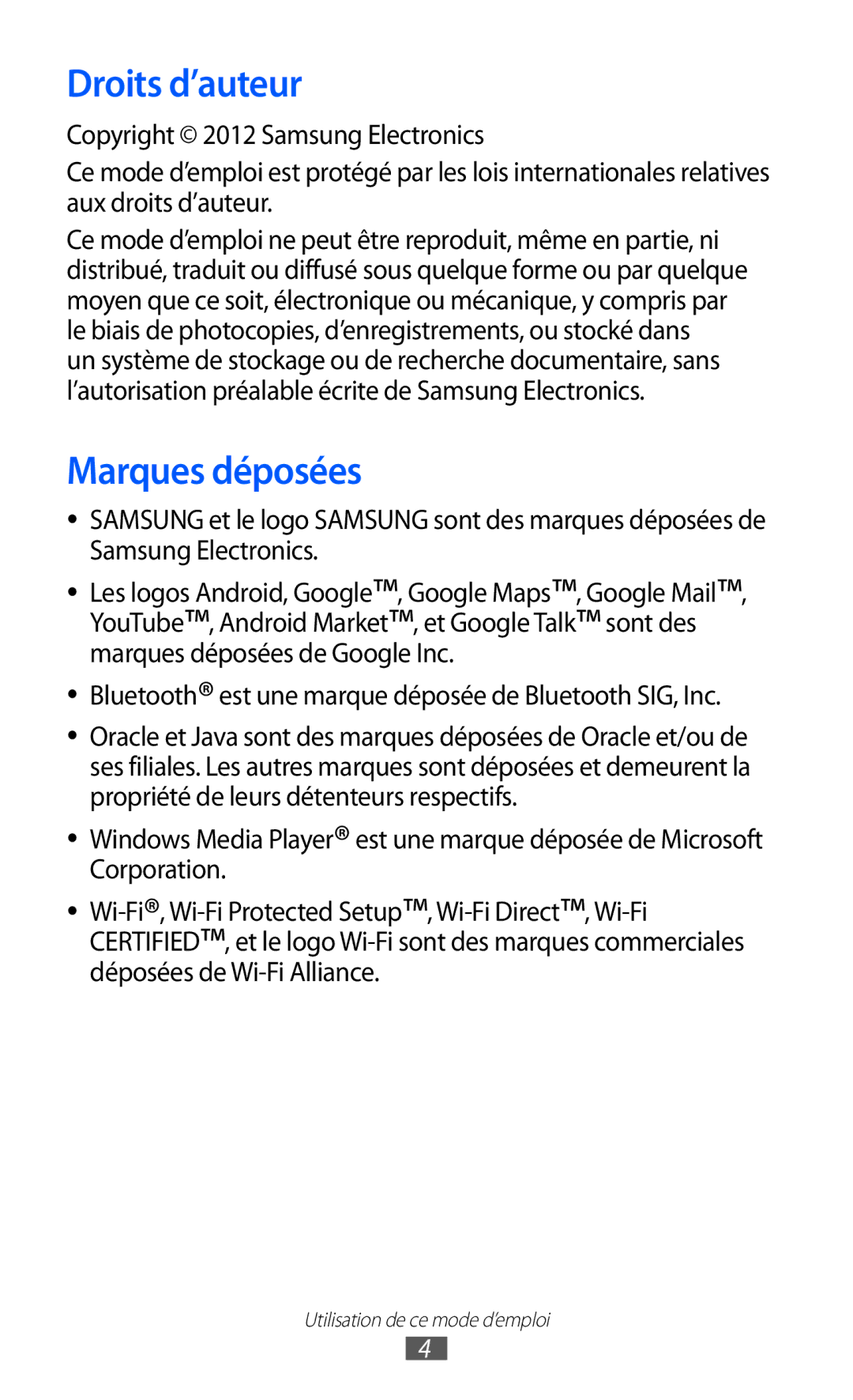 Samsung GT-I9100RWAGBL manual Droits d’auteur, Marques déposées, Bluetooth est une marque déposée de Bluetooth SIG, Inc 