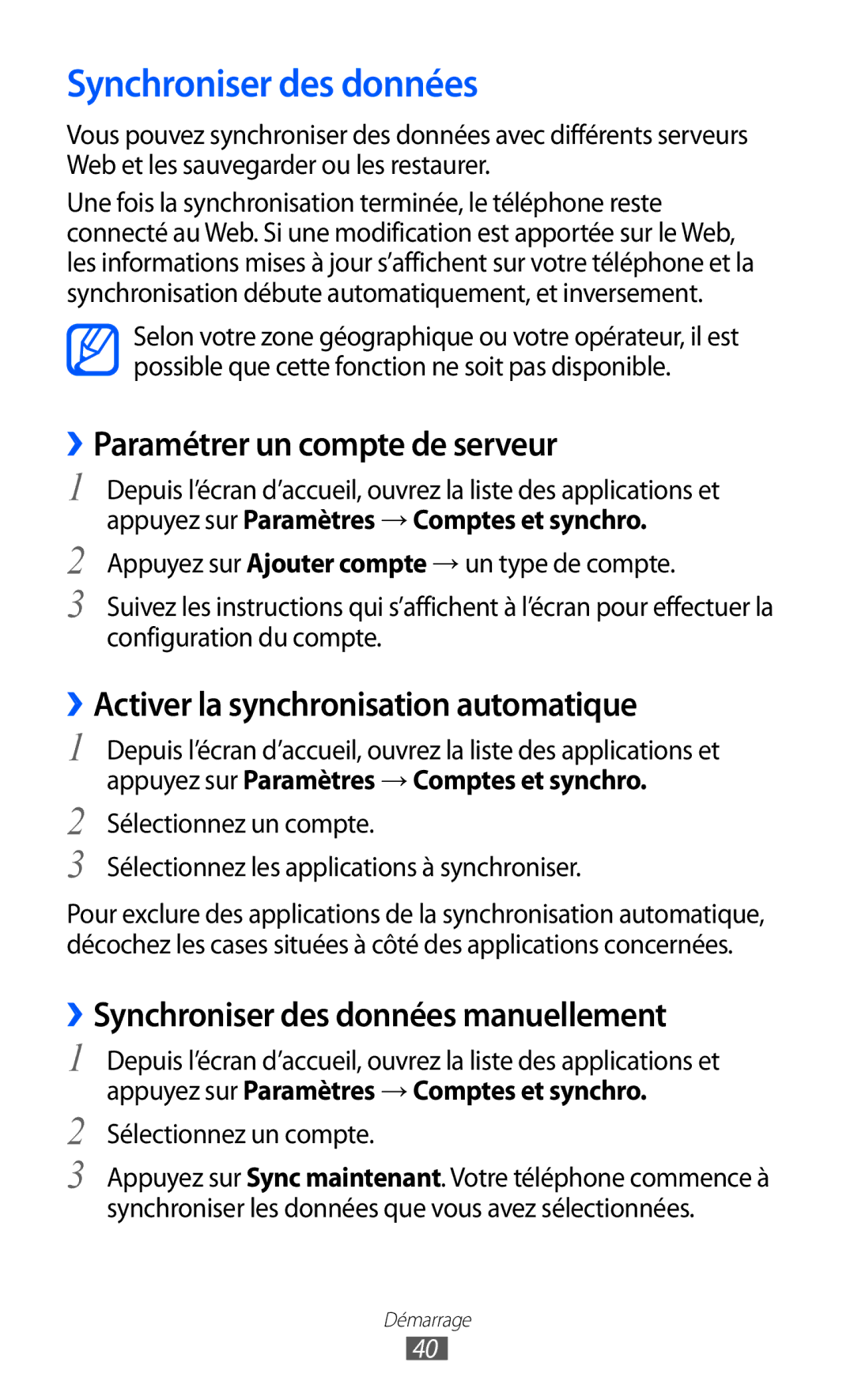 Samsung GT2I9100LKAVVT, GT2I9100OIAMTL Synchroniser des données, ››Paramétrer un compte de serveur, Sélectionnez un compte 