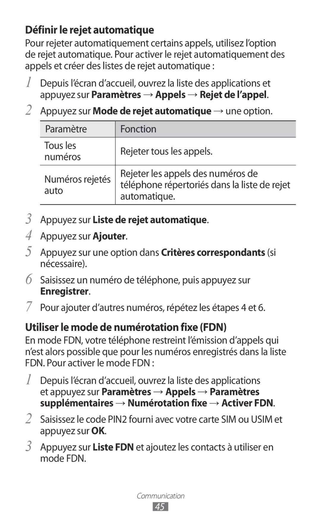 Samsung GT2I9100RWAMTL manual Appuyez sur Mode de rejet automatique → une option, Appuyez sur Liste de rejet automatique 