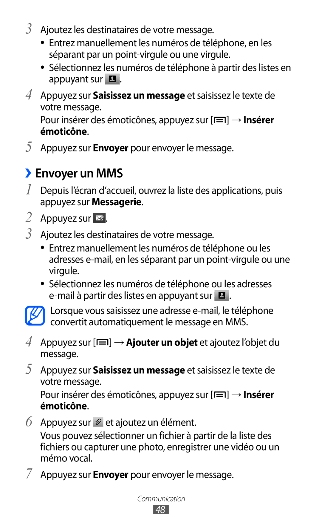 Samsung GT-I9100LKAGBL, GT2I9100OIAMTL, GT-I9100LKAROM manual ››Envoyer un MMS, Ajoutez les destinataires de votre message 