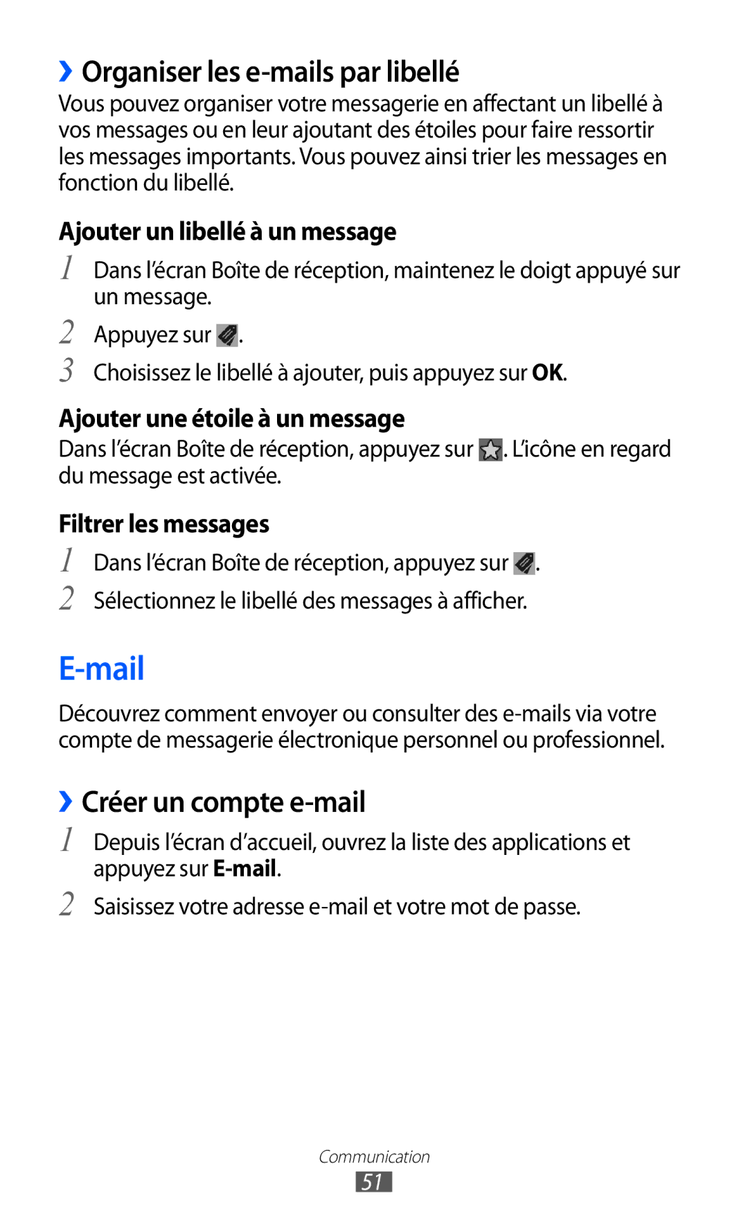 Samsung GT2I9100LKAMTL, GT2I9100OIAMTL, GT-I9100LKAROM Mail, ››Organiser les e-mails par libellé, ››Créer un compte e-mail 