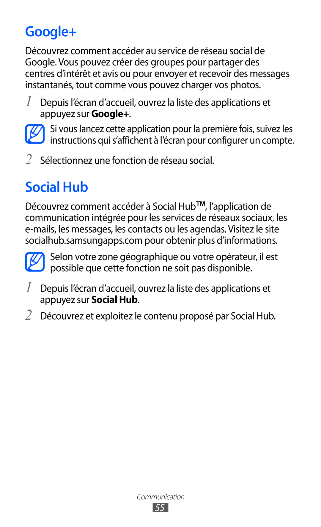 Samsung GT2I9100RWAGBL, GT2I9100OIAMTL, GT-I9100LKAROM manual Google+, Social Hub, Sélectionnez une fonction de réseau social 