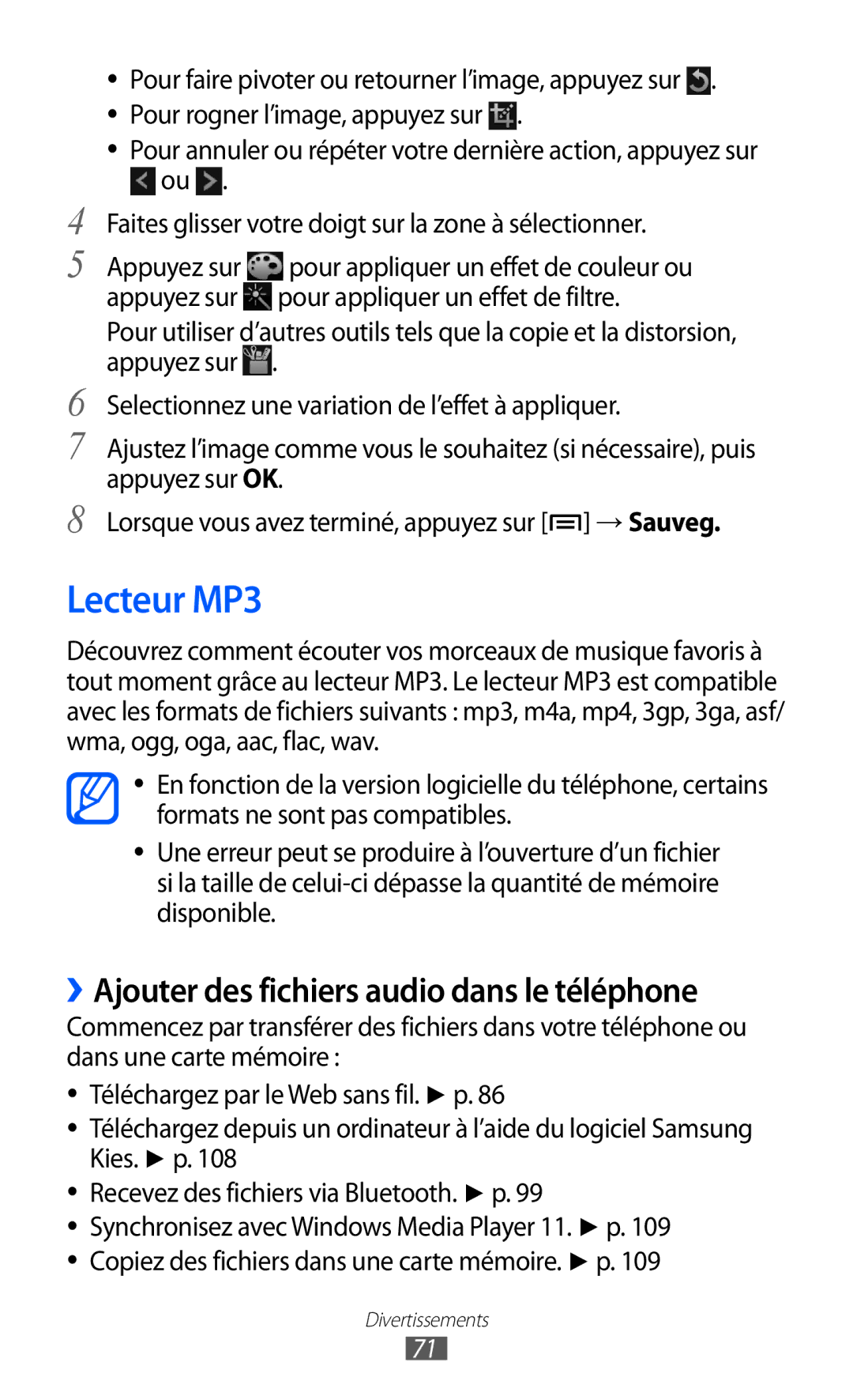 Samsung GT-I9100LKAROM, GT2I9100OIAMTL, GT-I9100OIAMTL manual Lecteur MP3, ››Ajouter des fichiers audio dans le téléphone 