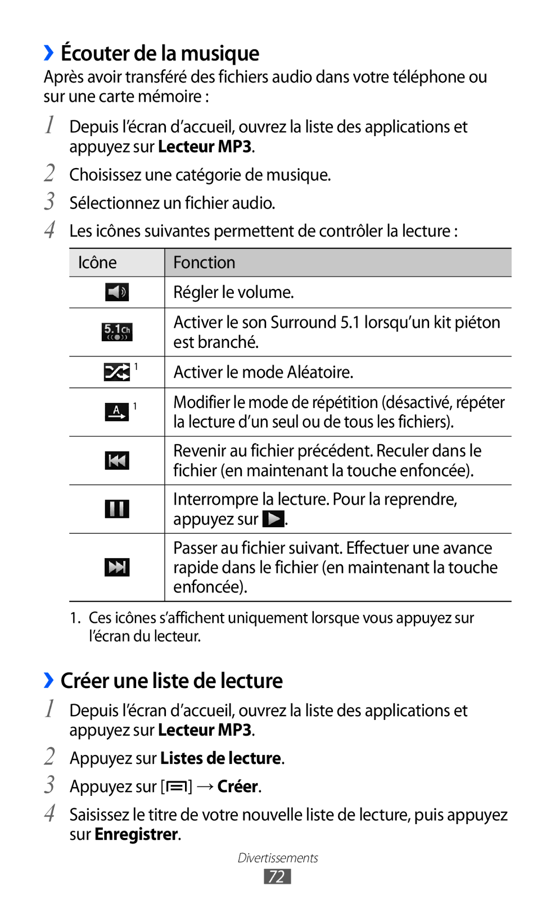 Samsung GT-I9100OIAMTL manual ››Écouter de la musique, ››Créer une liste de lecture, Appuyez sur Listes de lecture 