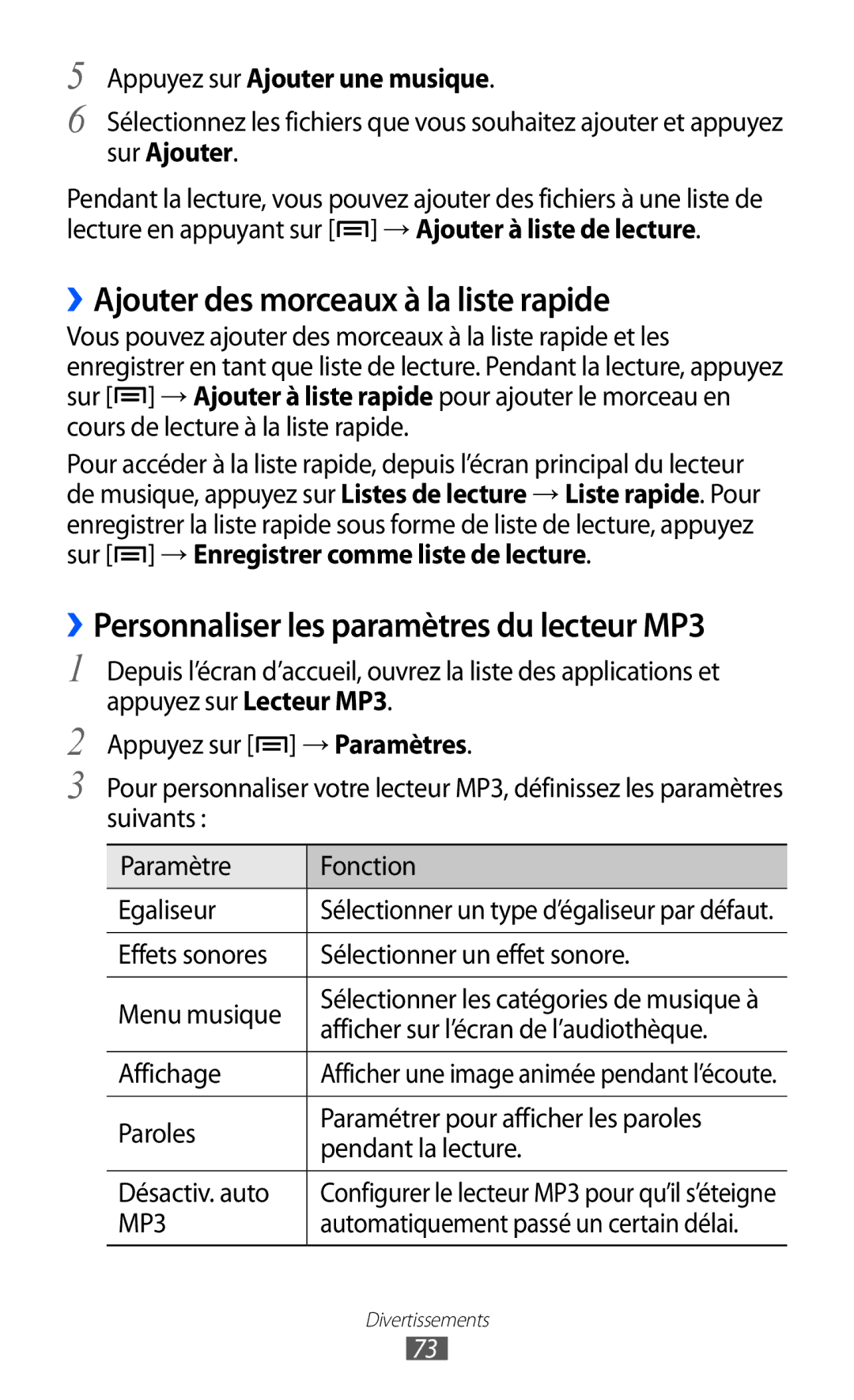 Samsung GT2I9100RWAMTL, GT2I9100OIAMTL manual ››Ajouter des morceaux à la liste rapide, Appuyez sur Ajouter une musique 