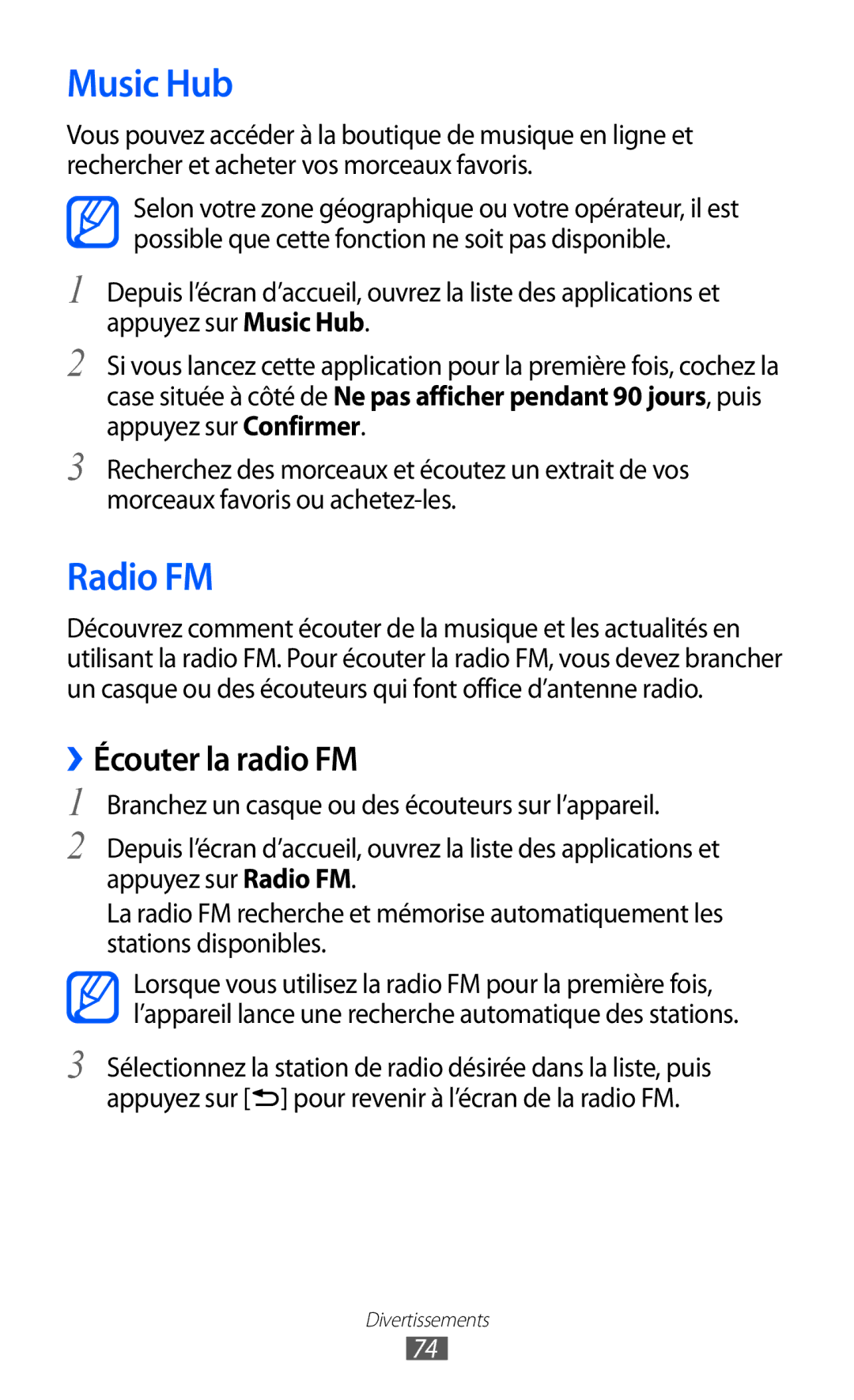 Samsung GT-I9100RWAGBL, GT2I9100OIAMTL, GT-I9100LKAROM, GT-I9100OIAMTL manual Music Hub, Radio FM, ››Écouter la radio FM 