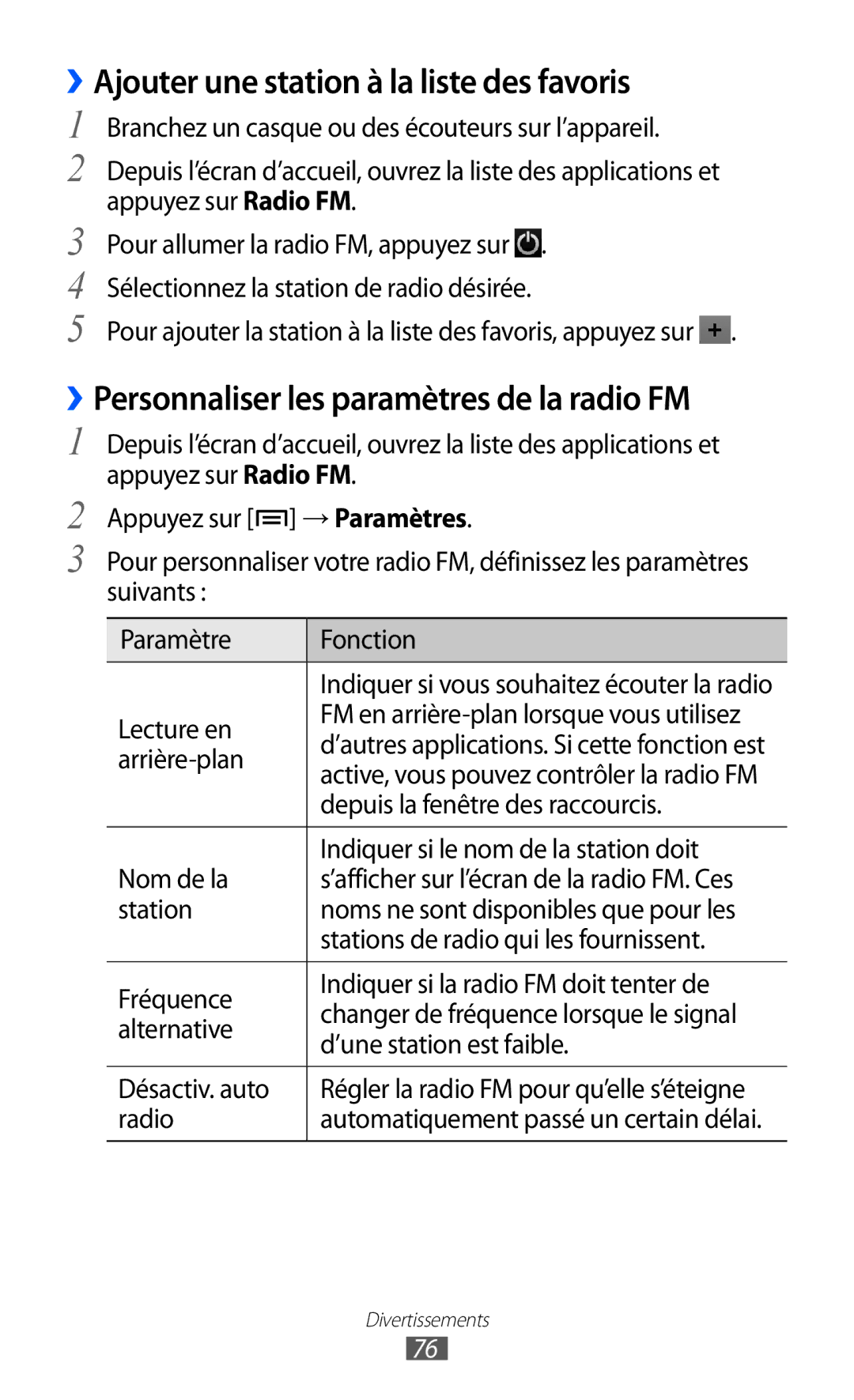 Samsung GT-I9100LKAGBL manual ››Ajouter une station à la liste des favoris, ››Personnaliser les paramètres de la radio FM 