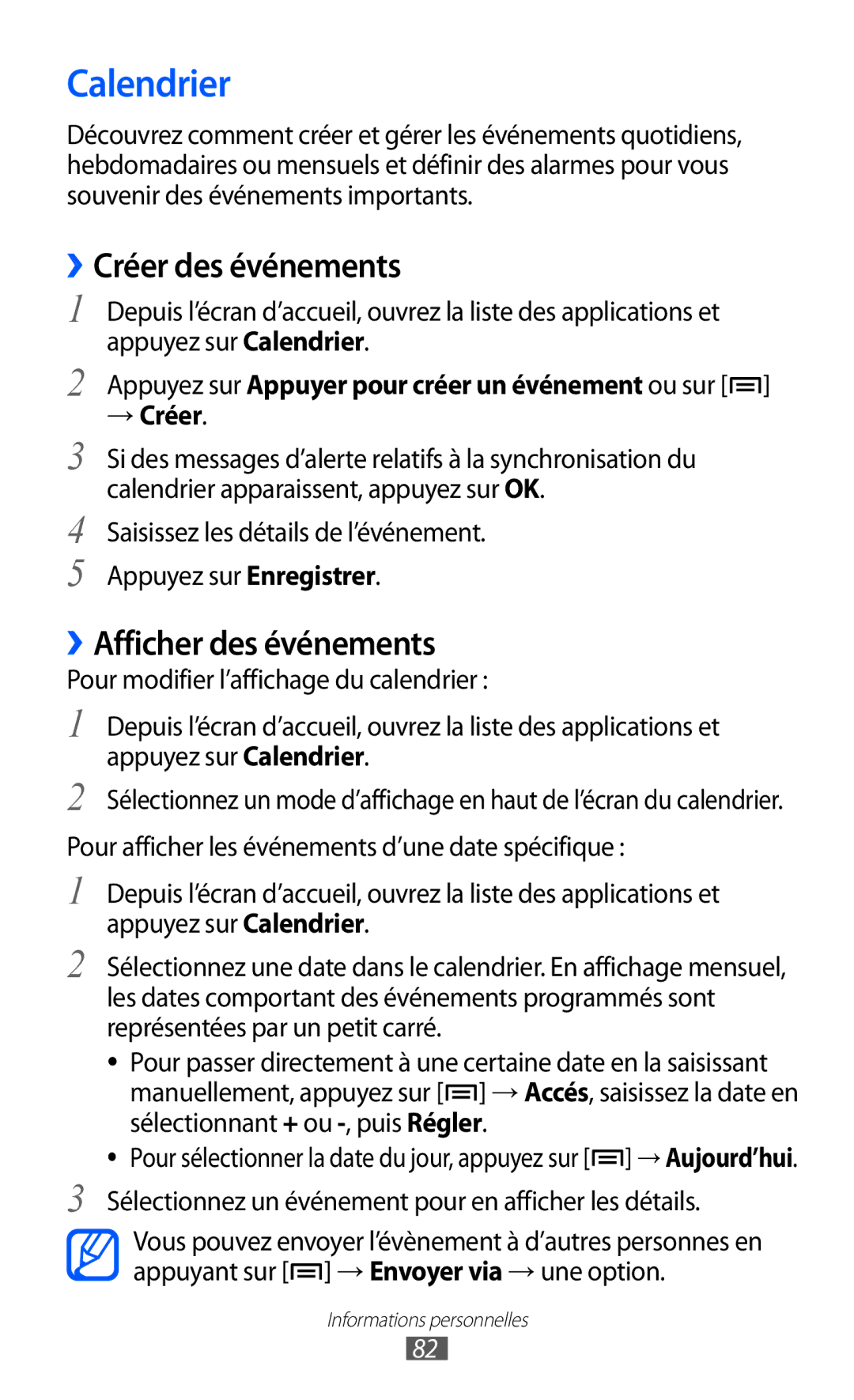 Samsung GT2I9100LKAVVT, GT2I9100OIAMTL manual Calendrier, ››Créer des événements, ››Afficher des événements, → Créer 