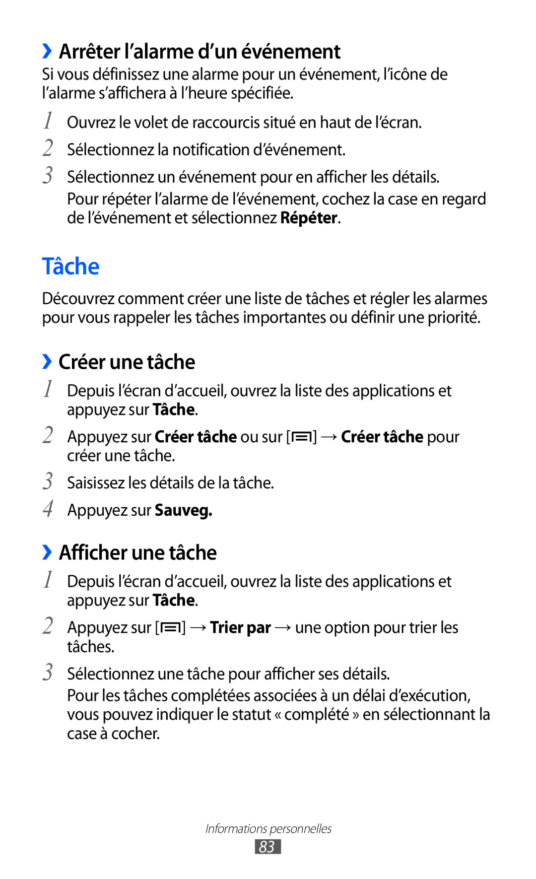 Samsung GT2I9100RWAGBL, GT2I9100OIAMTL Tâche, ››Arrêter l’alarme d’un événement, ››Créer une tâche, ››Afficher une tâche 