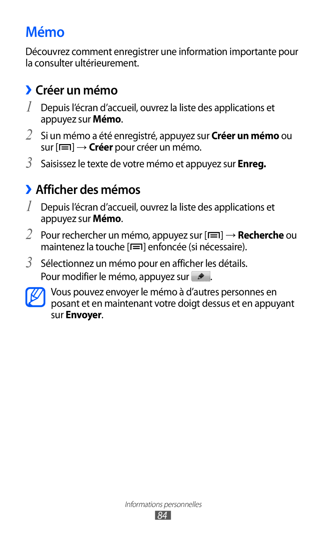 Samsung GT2I9100OIAMTL, GT-I9100LKAROM, GT-I9100OIAMTL, GT2I9100RWAMTL manual Mémo, ››Créer un mémo, ››Afficher des mémos 