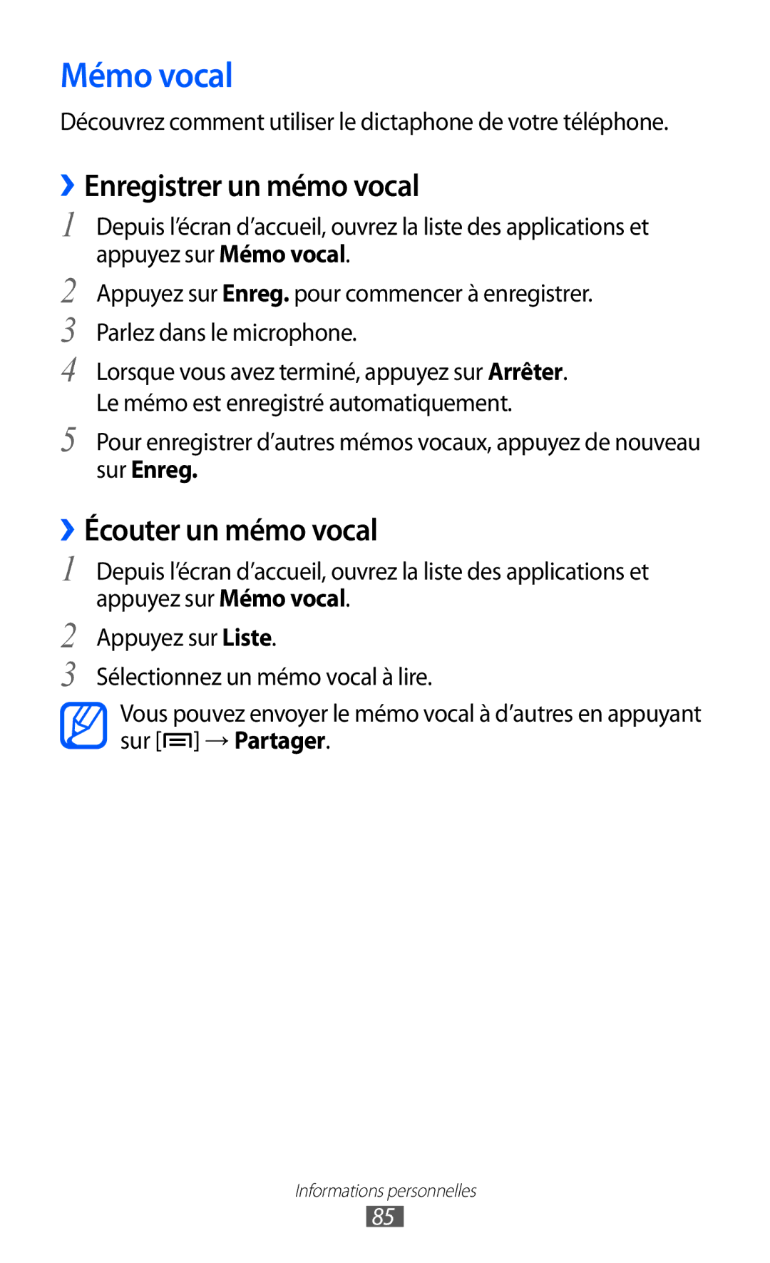 Samsung GT-I9100LKAROM, GT2I9100OIAMTL manual Mémo vocal, ››Enregistrer un mémo vocal, ››Écouter un mémo vocal, Sur Enreg 