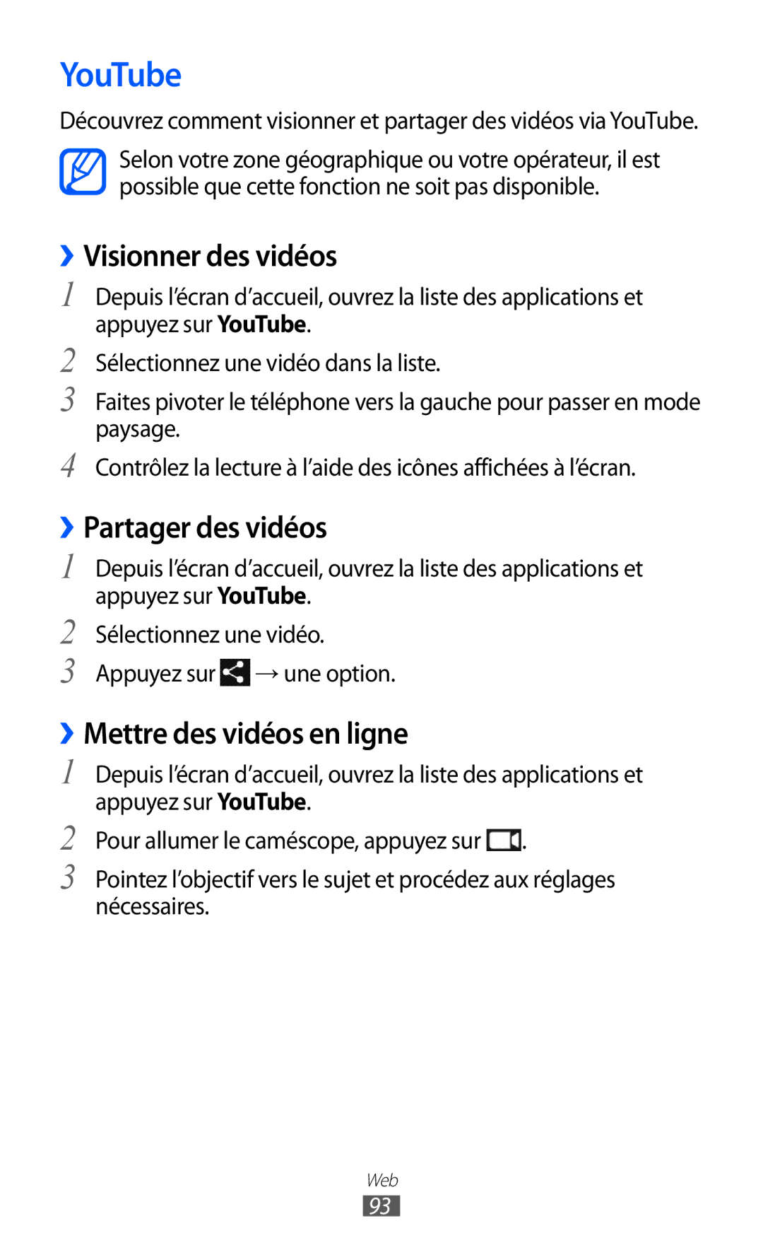 Samsung GT2I9100LKAMTL manual YouTube, ››Visionner des vidéos, ››Partager des vidéos, ››Mettre des vidéos en ligne 