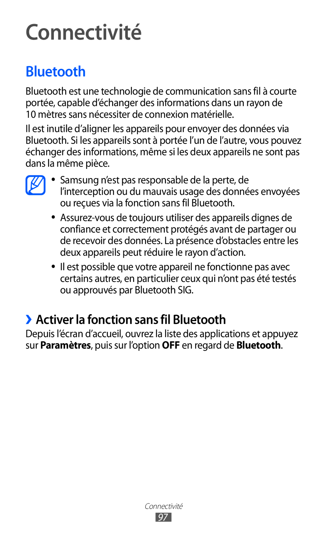 Samsung GT2I9100RWAGBL, GT2I9100OIAMTL, GT-I9100LKAROM, GT-I9100OIAMTL manual ››Activer la fonction sans fil Bluetooth 