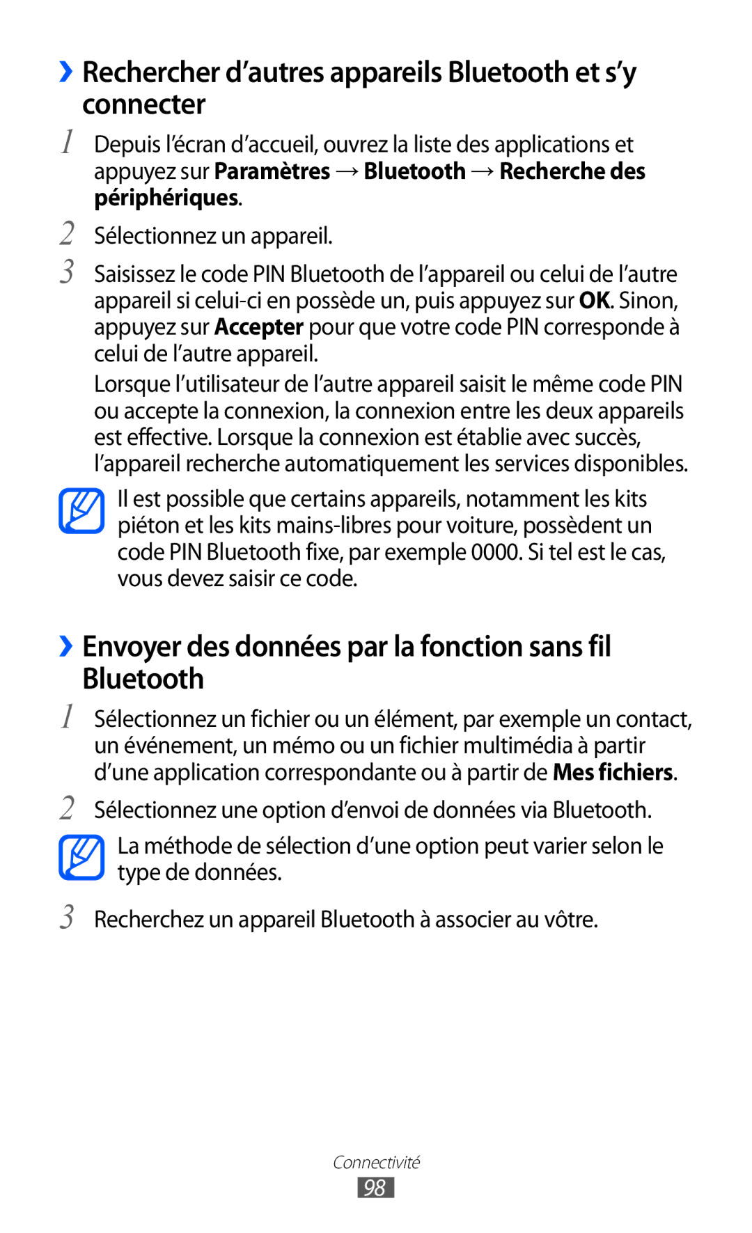 Samsung GT2I9100OIAMTL, GT-I9100LKAROM, GT-I9100OIAMTL manual ››Rechercher d’autres appareils Bluetooth et s’y connecter 