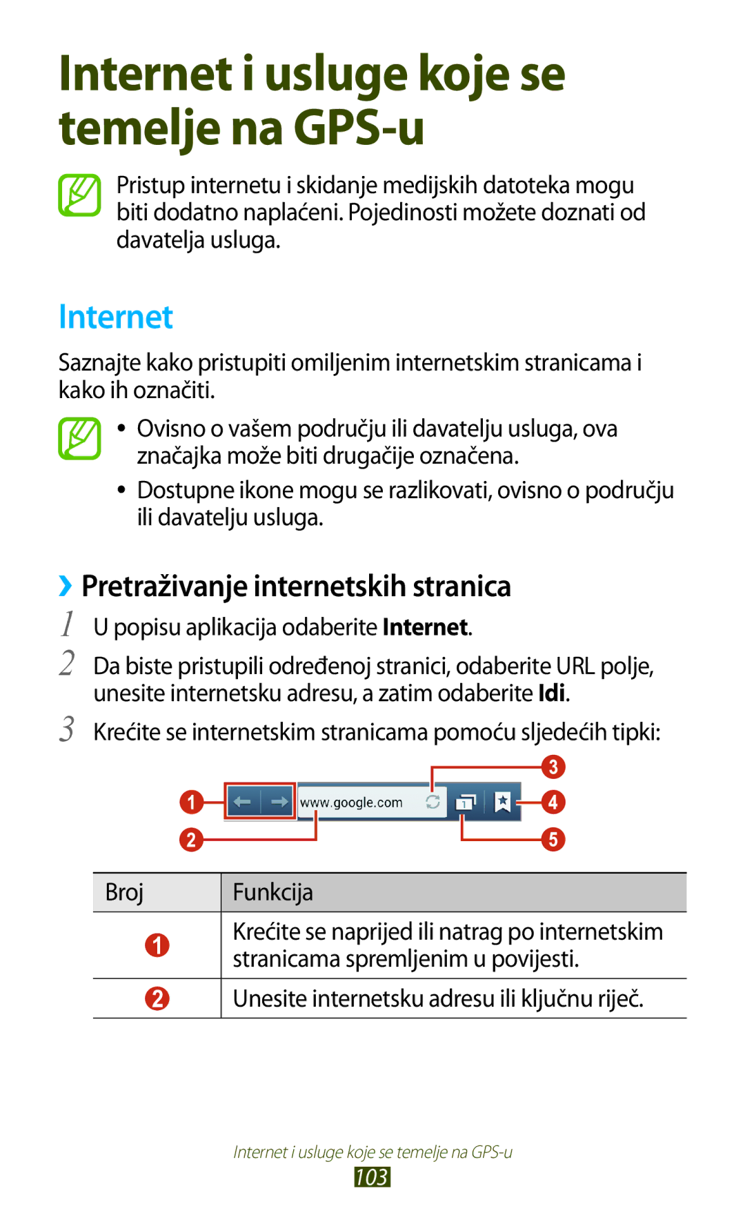 Samsung GT2I9300MBDCRO manual ››Pretraživanje internetskih stranica, Popisu aplikacija odaberite Internet, 103 