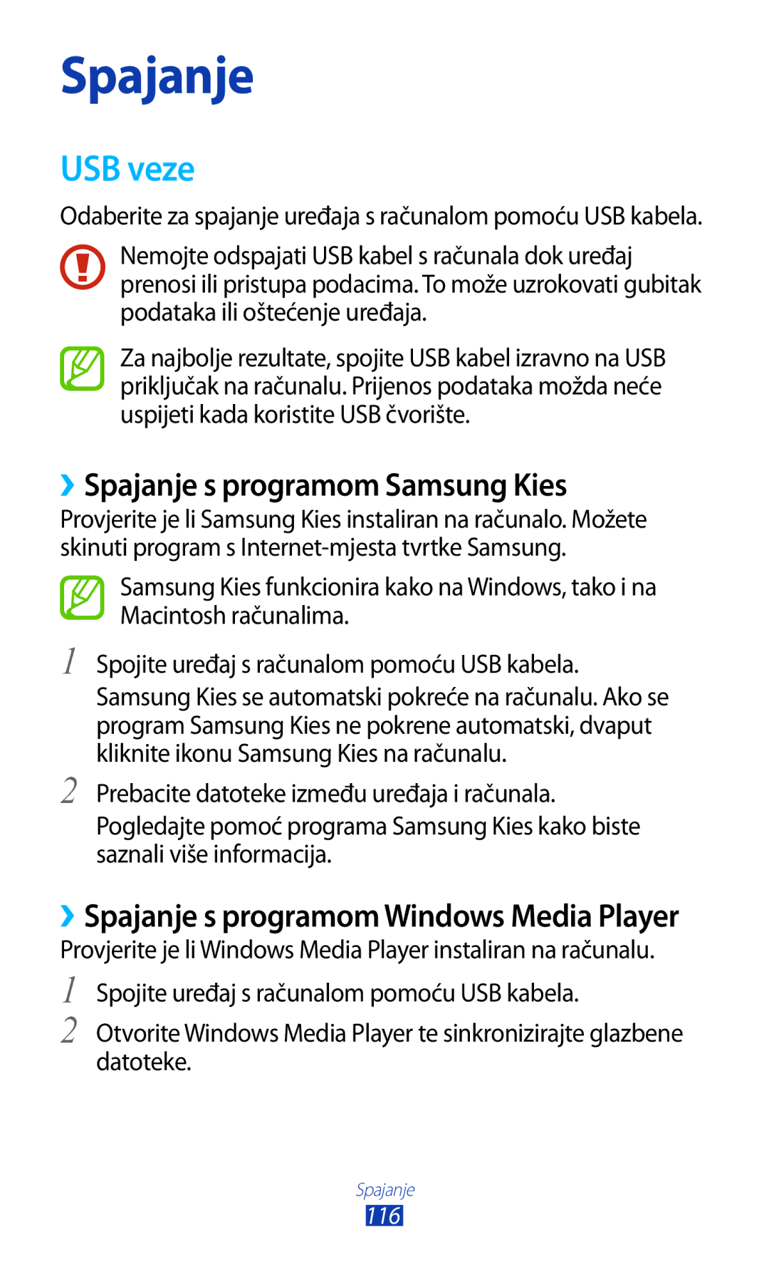 Samsung GT2I9300MBDTRA, GT2I9300RWDVIP, GT-I9300TADMBM, GT-I9300RWDSEE USB veze, ››Spajanje s programom Samsung Kies, 116 