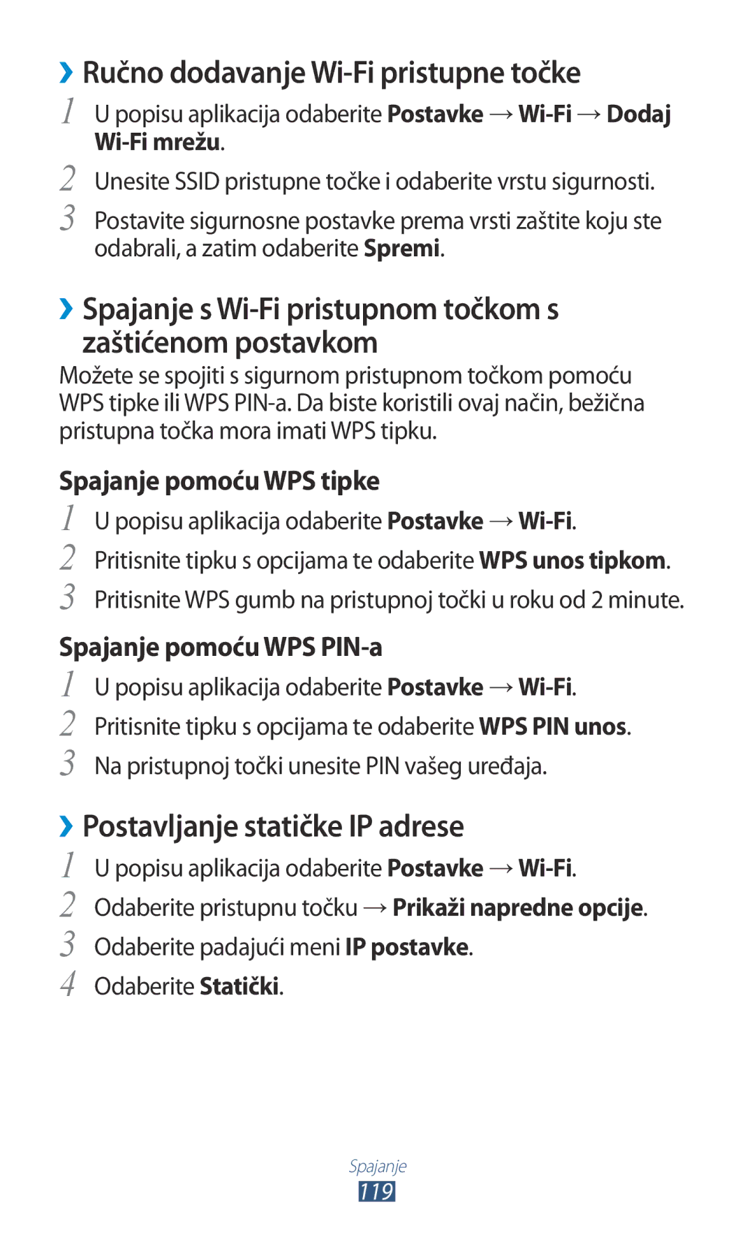 Samsung GT-I9300RWDSEE, GT2I9300RWDVIP ››Ručno dodavanje Wi-Fi pristupne točke, ››Postavljanje statičke IP adrese, 119 