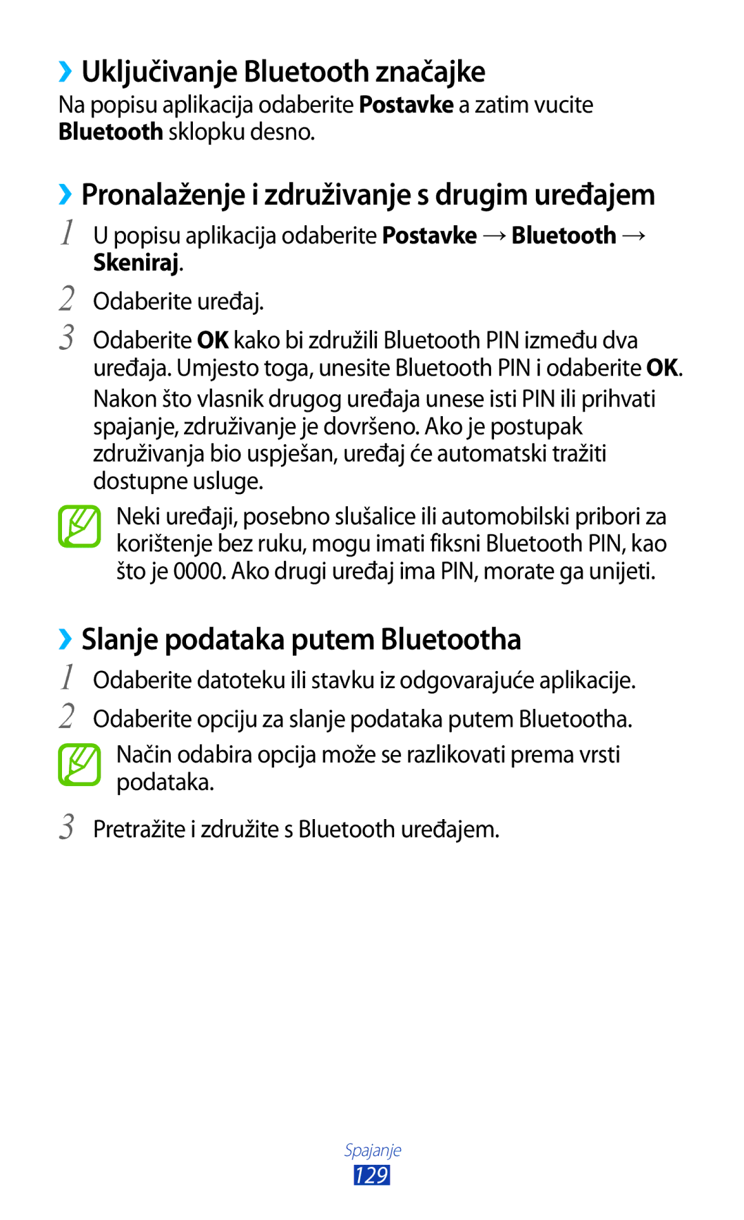 Samsung GT-I9300OKETRA manual ››Uključivanje Bluetooth značajke, ››Slanje podataka putem Bluetootha, Skeniraj, 129 