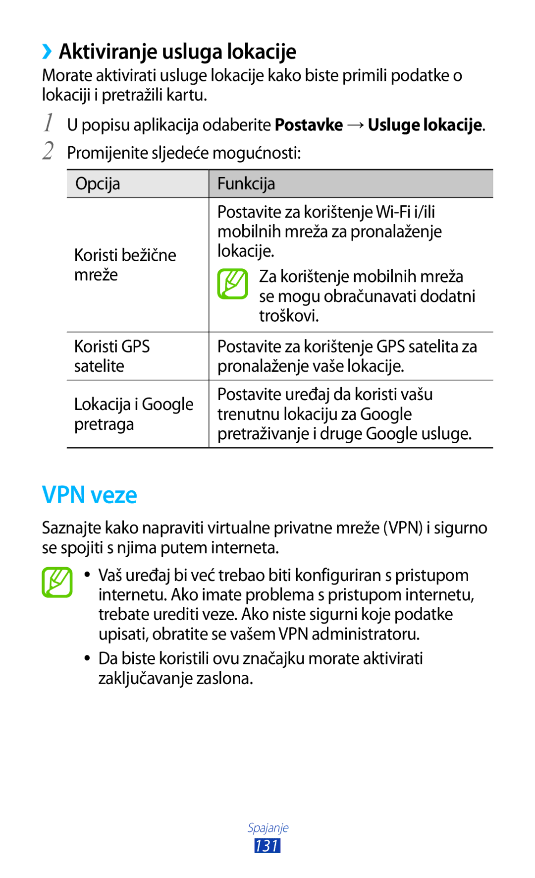 Samsung GT2I9300MBDVIP, GT2I9300RWDVIP, GT-I9300TADMBM, GT-I9300RWDSEE manual VPN veze, ››Aktiviranje usluga lokacije 