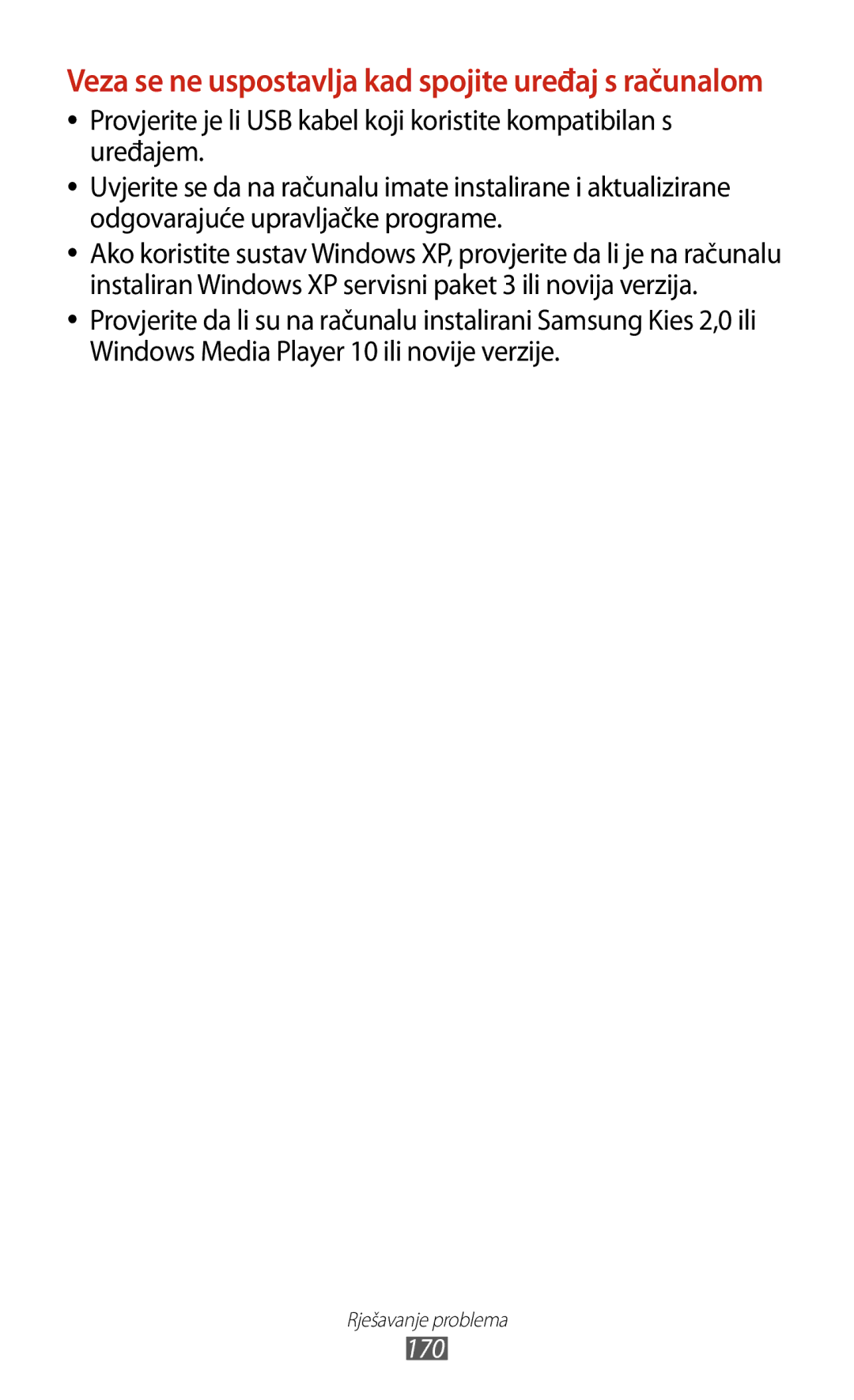 Samsung GT2I9300MBDVIP, GT2I9300RWDVIP, GT-I9300TADMBM manual Veza se ne uspostavlja kad spojite uređaj s računalom, 170 