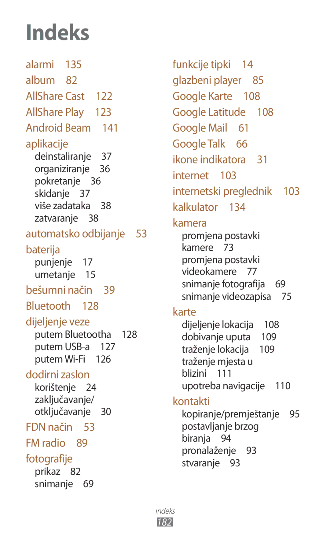 Samsung GT2I9300RWDTRA, GT2I9300RWDVIP, GT-I9300TADMBM, GT-I9300RWDSEE, GT2I9300RWAVIP, GT2I9300MBDTWO manual Indeks, 182 