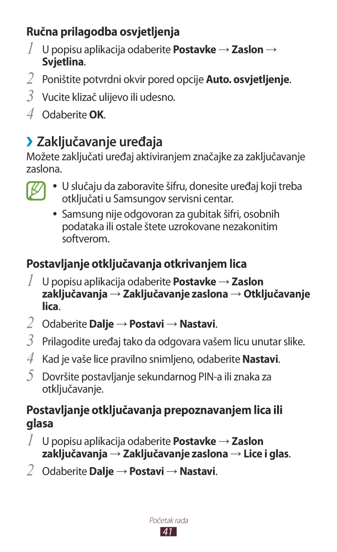 Samsung GT-I9300RWDSEE, GT2I9300RWDVIP, GT-I9300TADMBM manual ››Zaključavanje uređaja, Odaberite Dalje → Postavi → Nastavi 