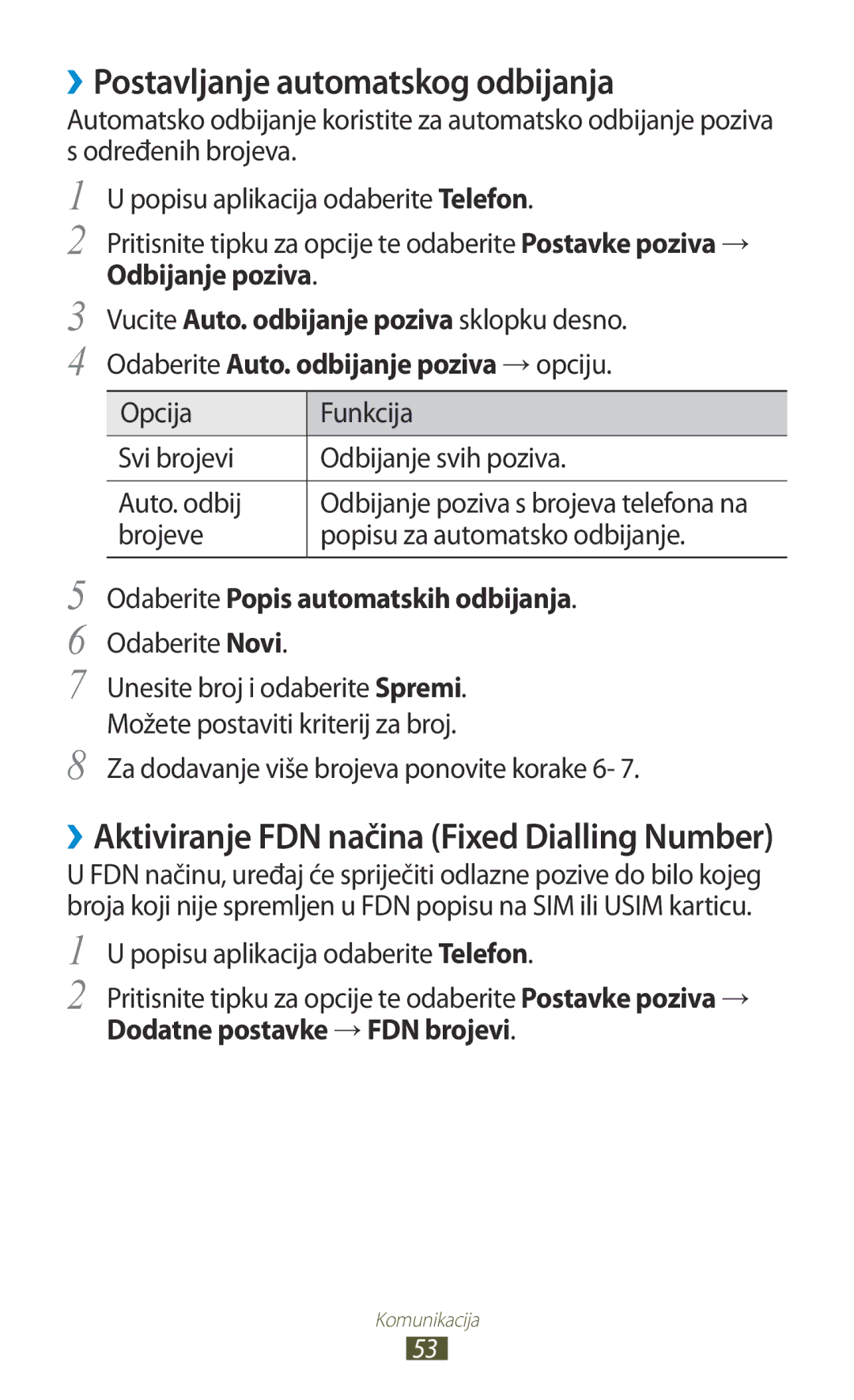 Samsung GT2I9300MBDVIP manual ››Postavljanje automatskog odbijanja, Odbijanje poziva, Odaberite Popis automatskih odbijanja 