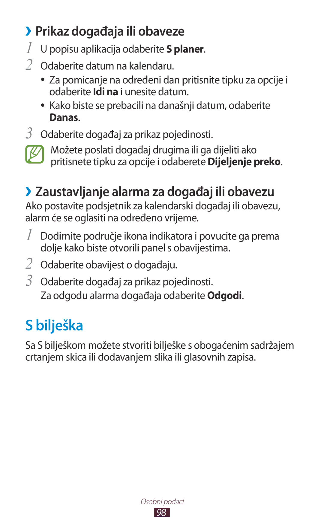 Samsung GT-I9300ZNDVIP, GT2I9300RWDVIP, GT-I9300TADMBM, GT-I9300RWDSEE manual Bilješka, ››Prikaz događaja ili obaveze 