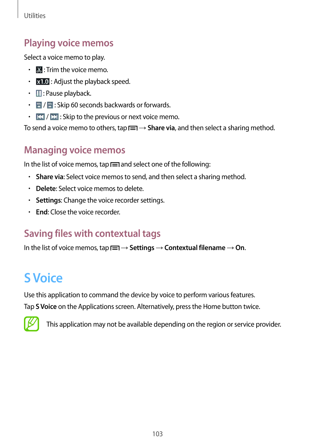 Samsung GT-I9301OKITUN, GT2I9301MBIDBT Voice, Playing voice memos, Managing voice memos, Saving files with contextual tags 