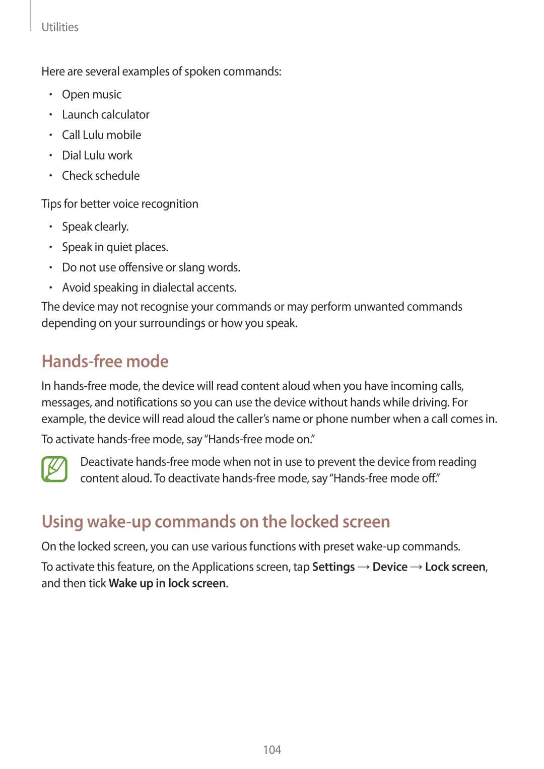 Samsung GT-I9301RWITMC, GT2I9301MBIDBT, GT-I9301MBZXEO manual Hands-free mode, Using wake-up commands on the locked screen 